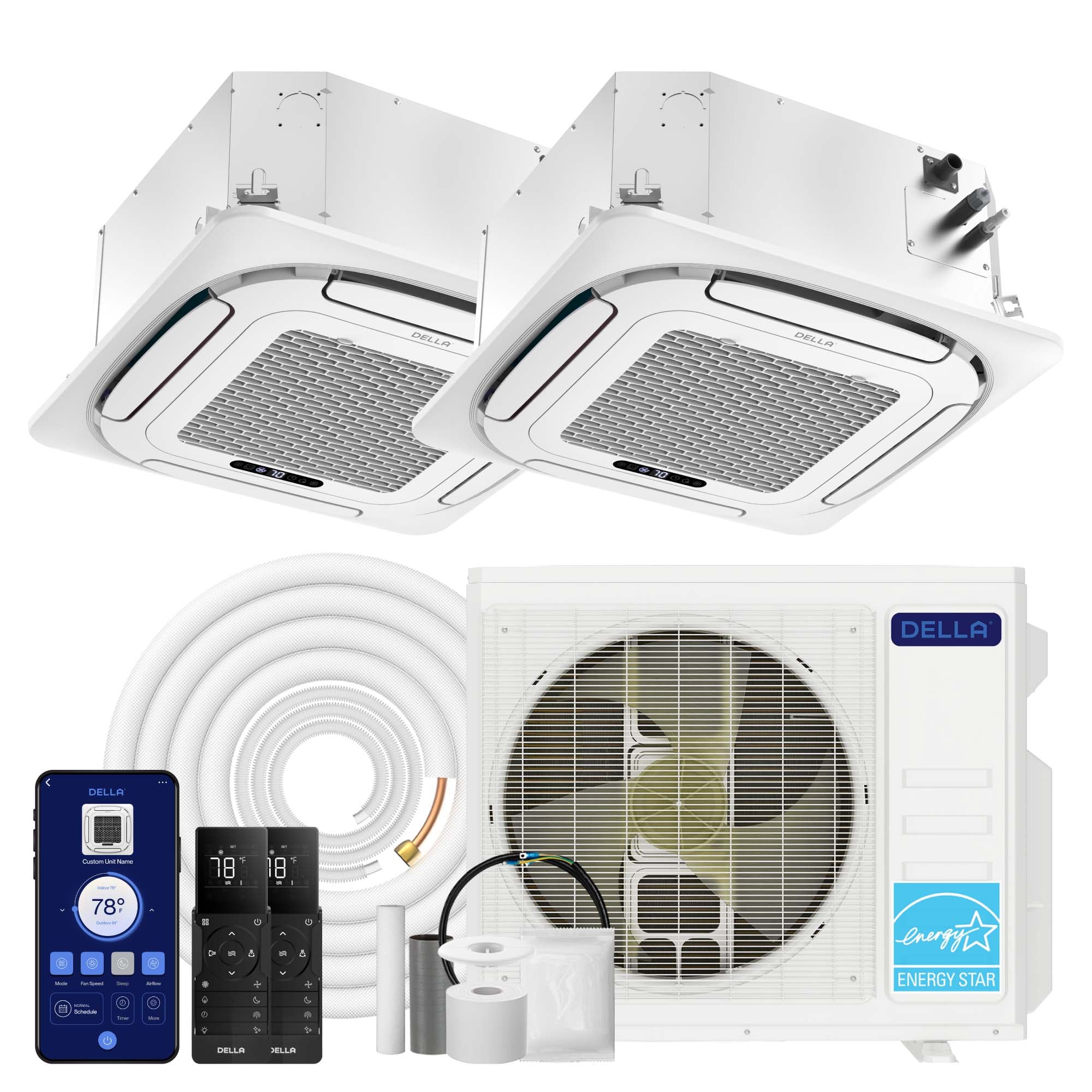 DELLA 27000 BTU Dual Zone Ceiling Cassette Mini Split AC (12K + 12K) - Up to 1100 Sq.Ft.