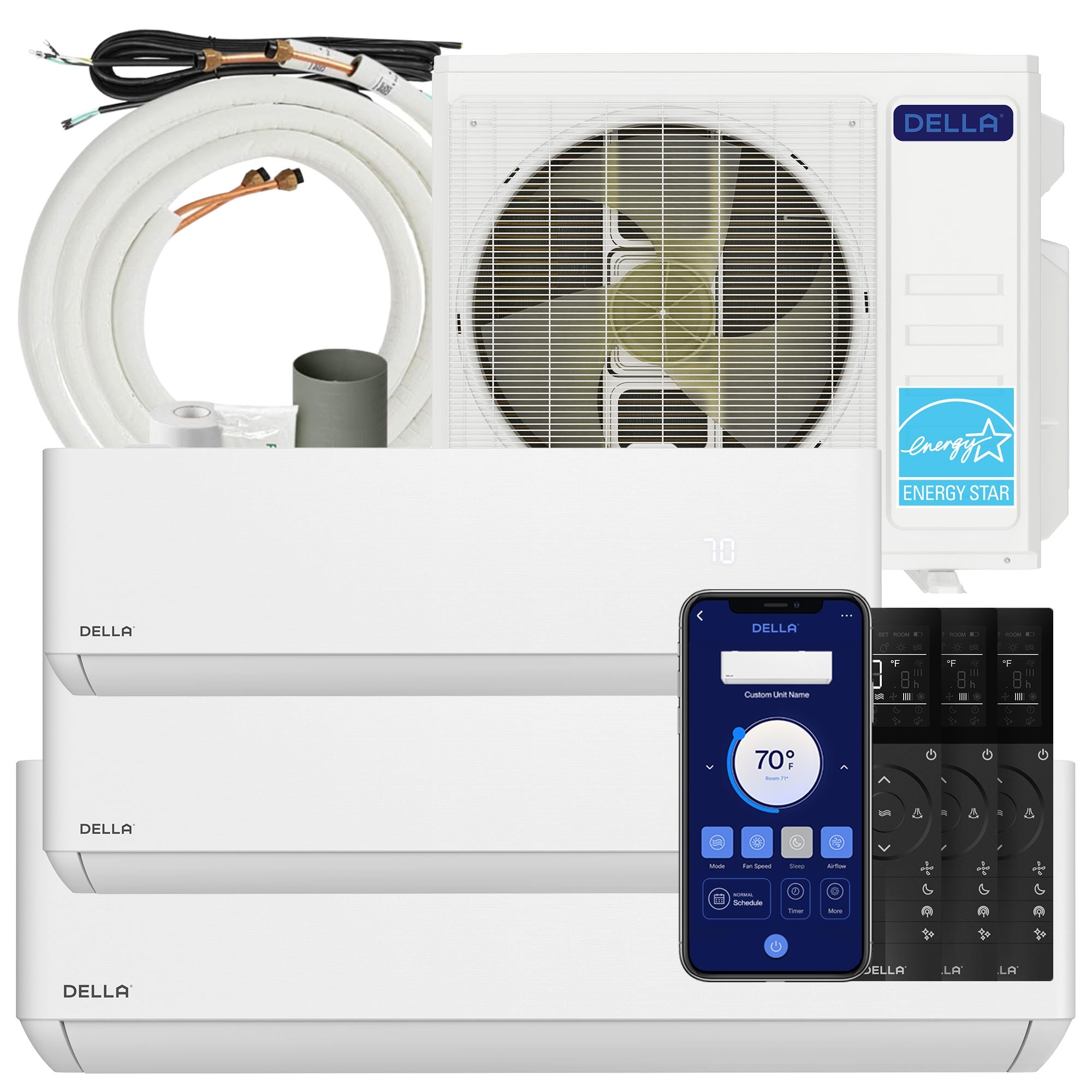 DELLA Optima Series 27000 BTU Tri-Zone Mini Split AC with R-454B (9K+9K+18k) - Up to 1800 Sq.Ft.