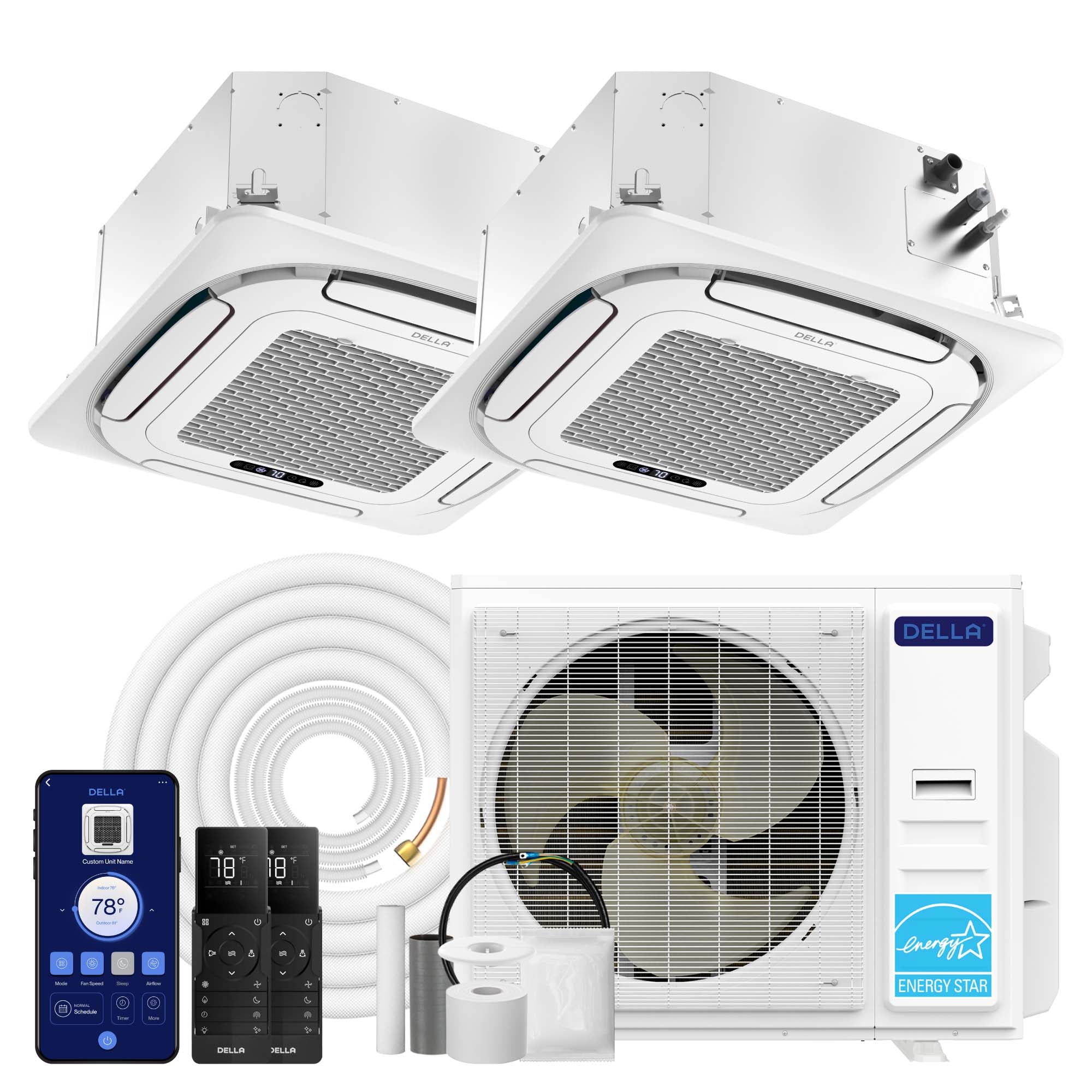 DELLA 35000 BTU Dual Zone Ceiling Cassette Mini Split AC (23K+23K) - Up to 3000 Sq.Ft.