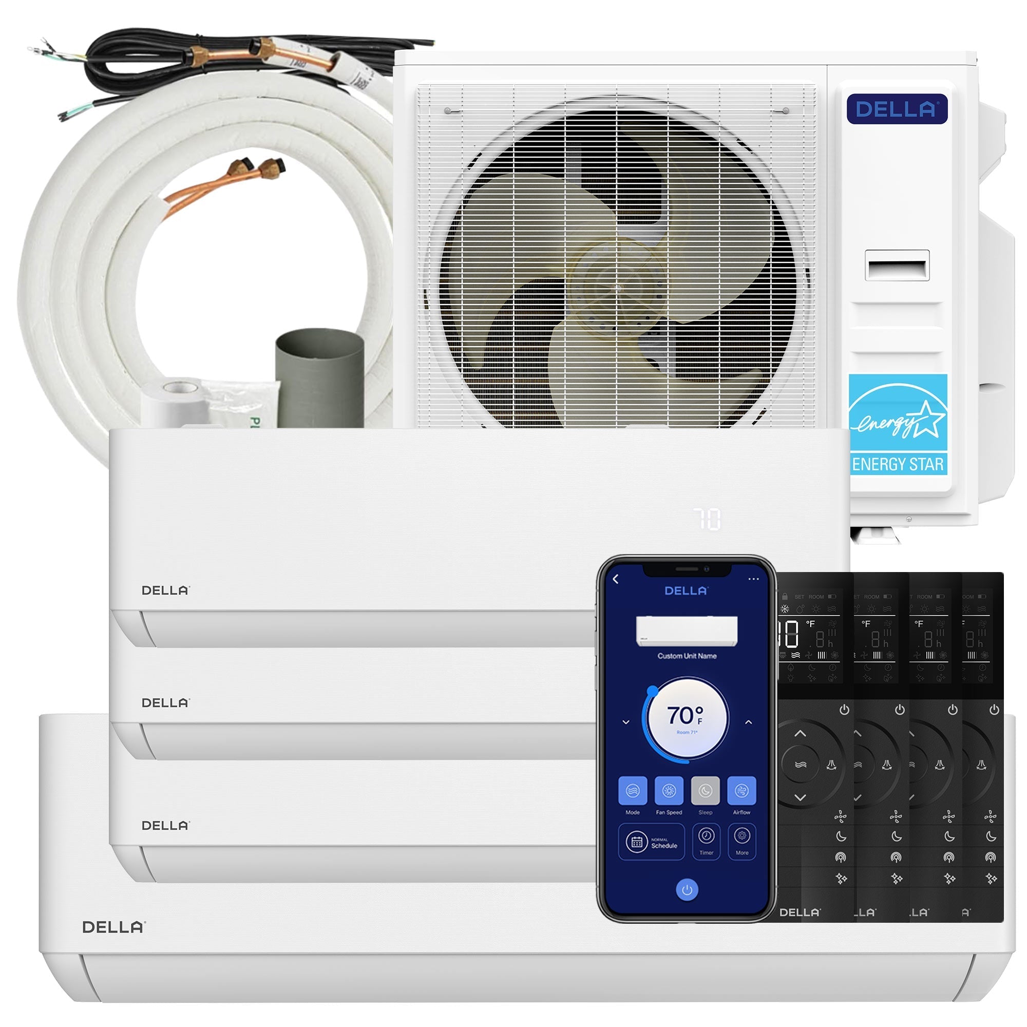 DELLA Optima Series 42000 BTU Quad Zone Mini Split AC with R-454B (9K+9K+9k+18k) - Up to 2200 Sq.Ft.