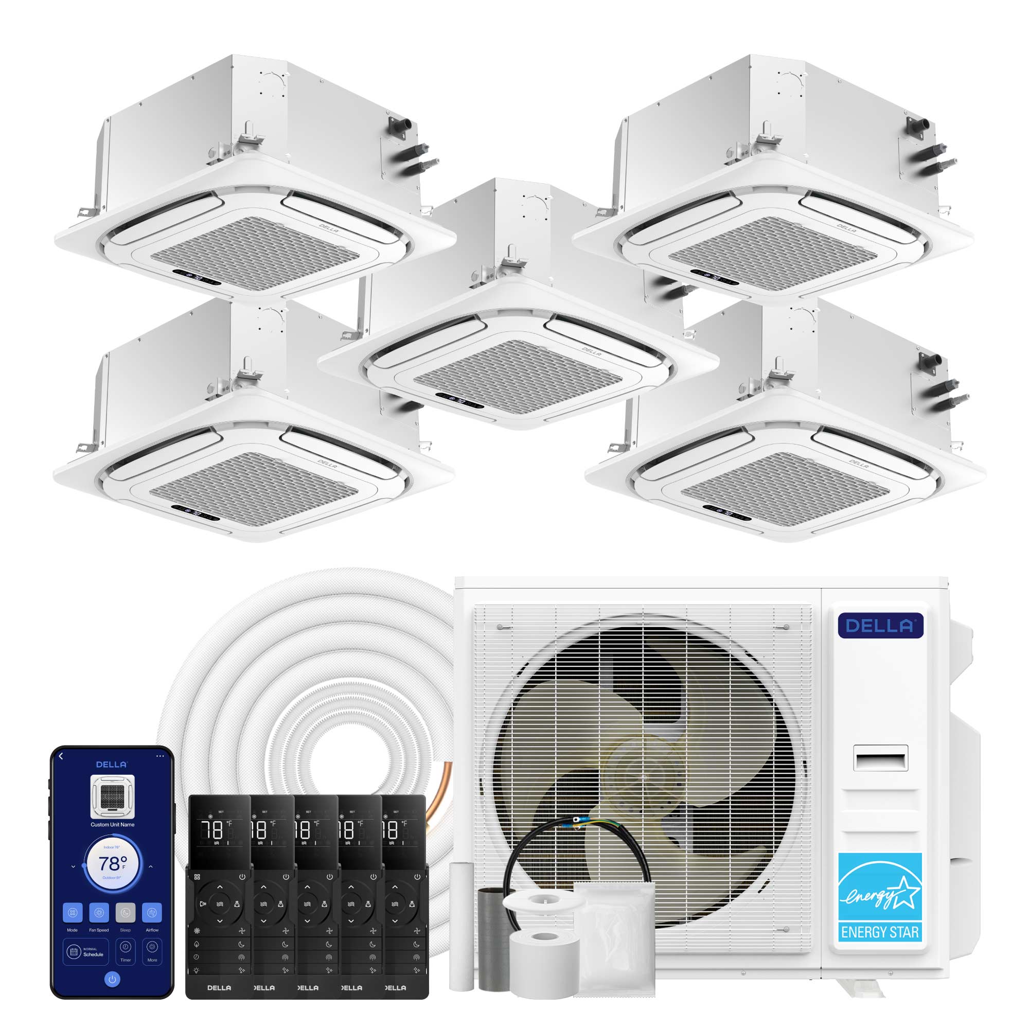 DELLA 42000 BTU Five Zone Ceiling Cassette Mini Split AC (9K+9K+9K+9K+18K) - Up to 2600 Sq.Ft.