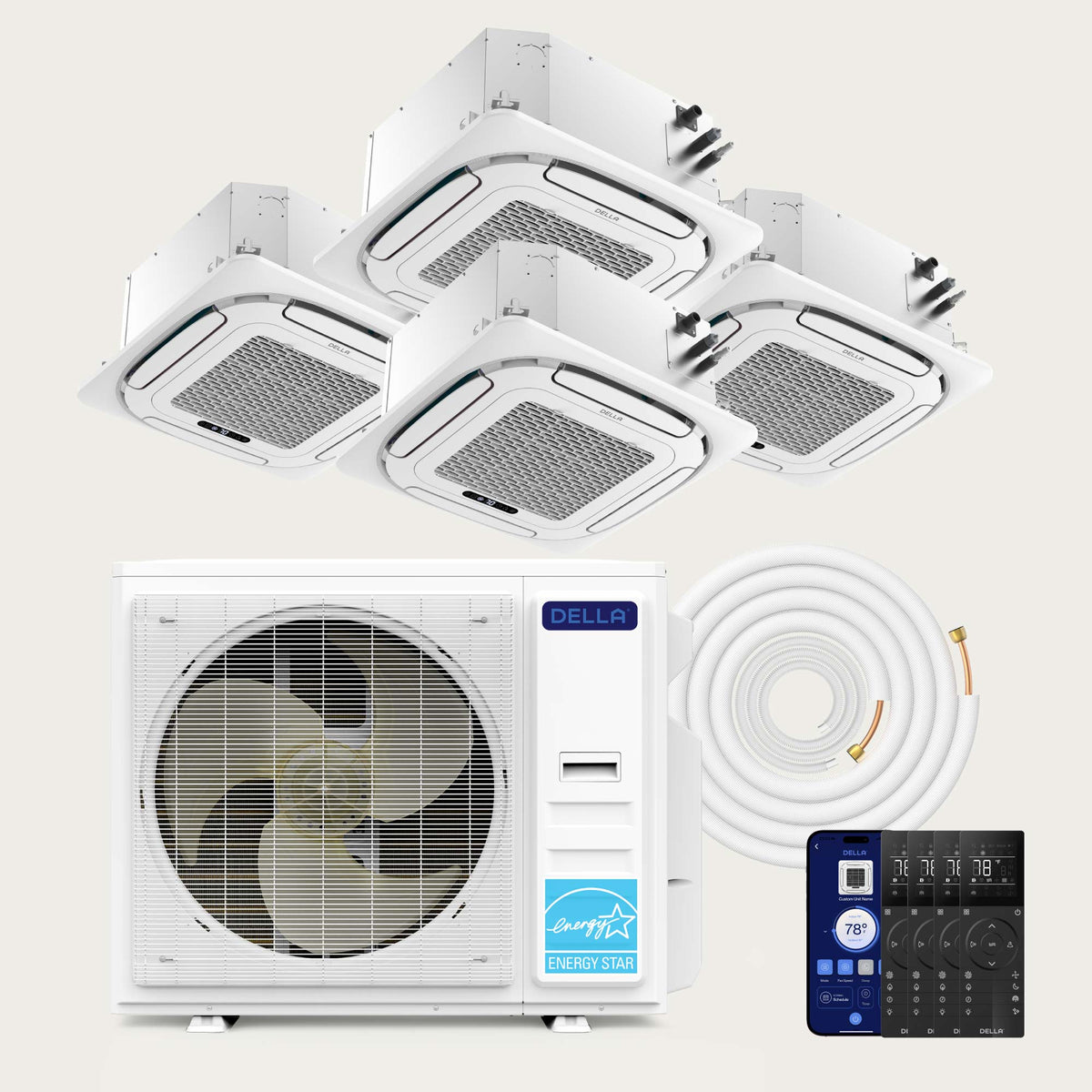 DELLA 42000 BTU Quad-Zone Ceiling Cassette Mini Split AC (9K+9K+9K+18K) - Up to 2200 Sq.Ft.