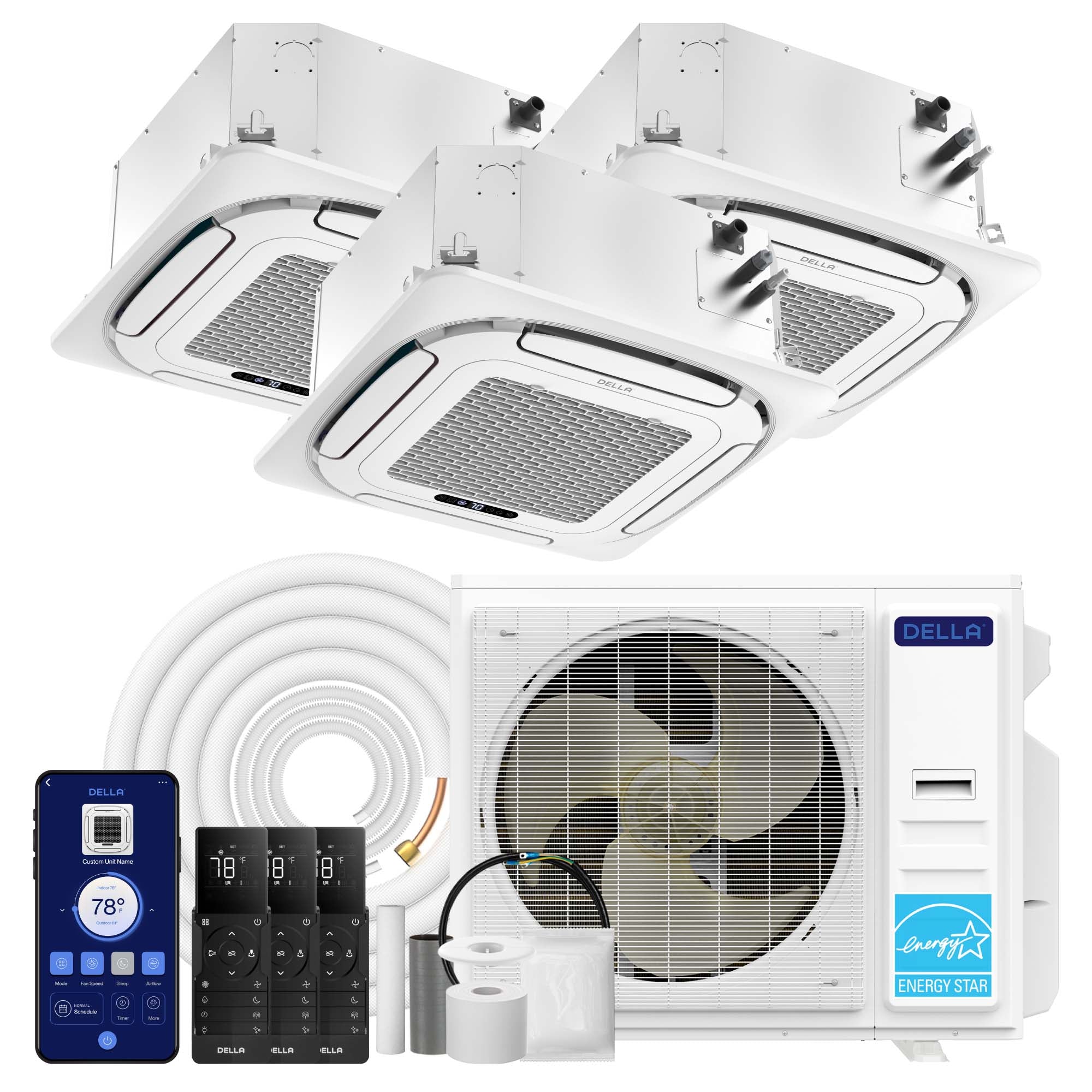 DELLA 42000 BTU Tri-Zone Ceiling Cassette Mini Split AC (9K+18K+18K) - Up to 2400 Sq.Ft.