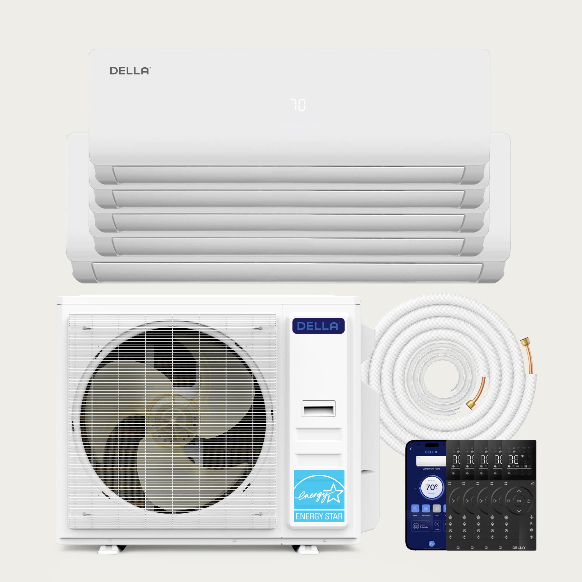 DELLA Vario Series 45000 BTU Five Zone Mini Split AC with R-454B (9K+9K+12k+12K+18k) - Up to 2900 Sq.Ft.