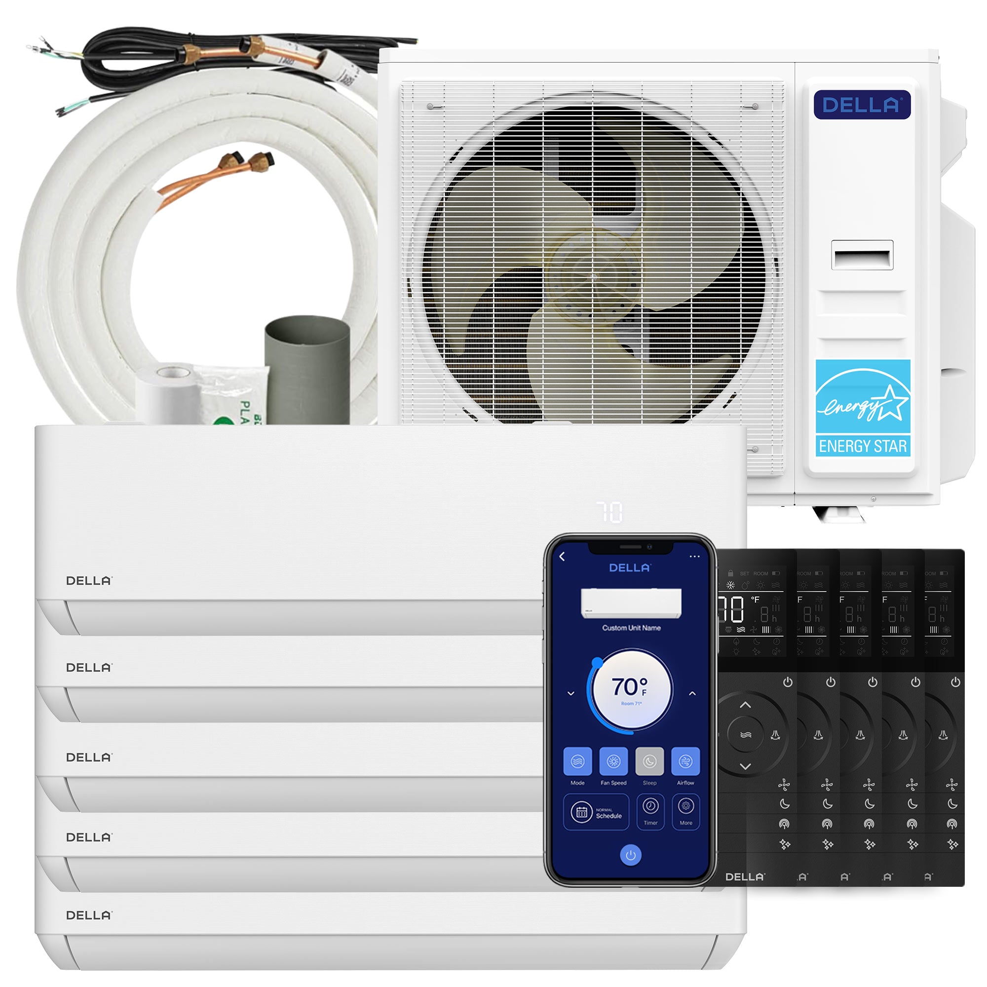 DELLA Optima Series 42000 BTU Five Zone Mini Split AC with R-454B (9K+9K+12k+12K+12k) - Up to 2450 Sq.Ft.
