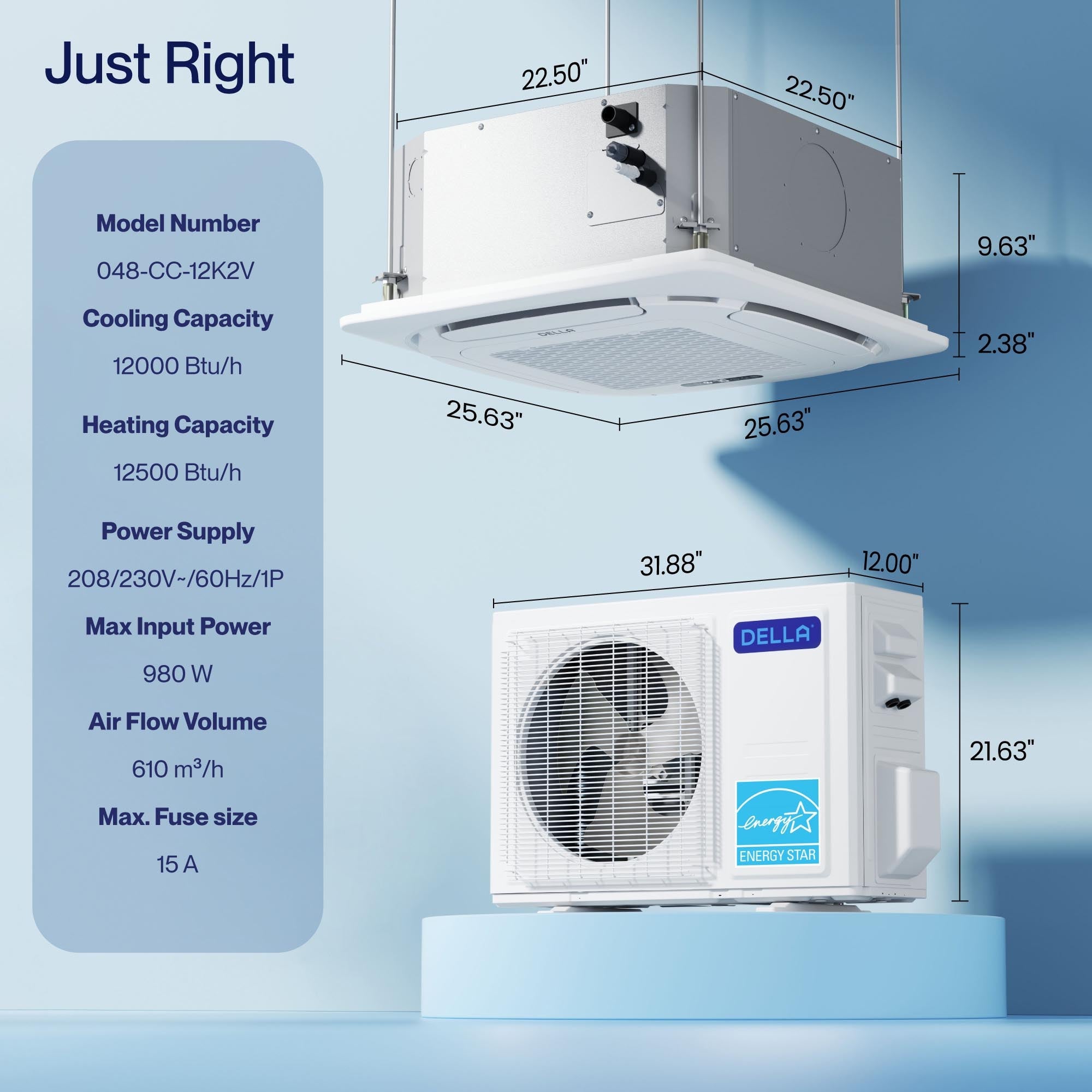 DELLA 12,000 BTU 22 SEER2 Ceiling Cassette Ductless Mini Split AC - Up to 550 Sq.Ft.