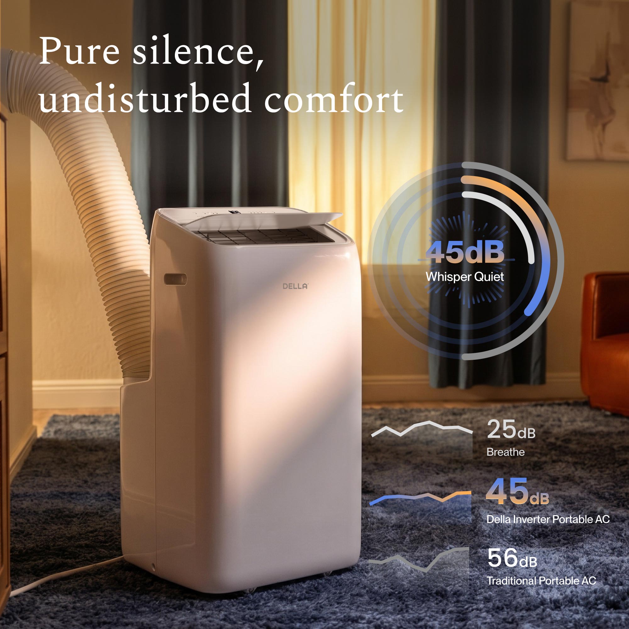 DELLA14000 BTU Inverter Ultra Quiet Portable AC with Remote & App Control, Dehumidifier, Fan & Sleep Mode, Cools Up To 450 Sq. Ft.