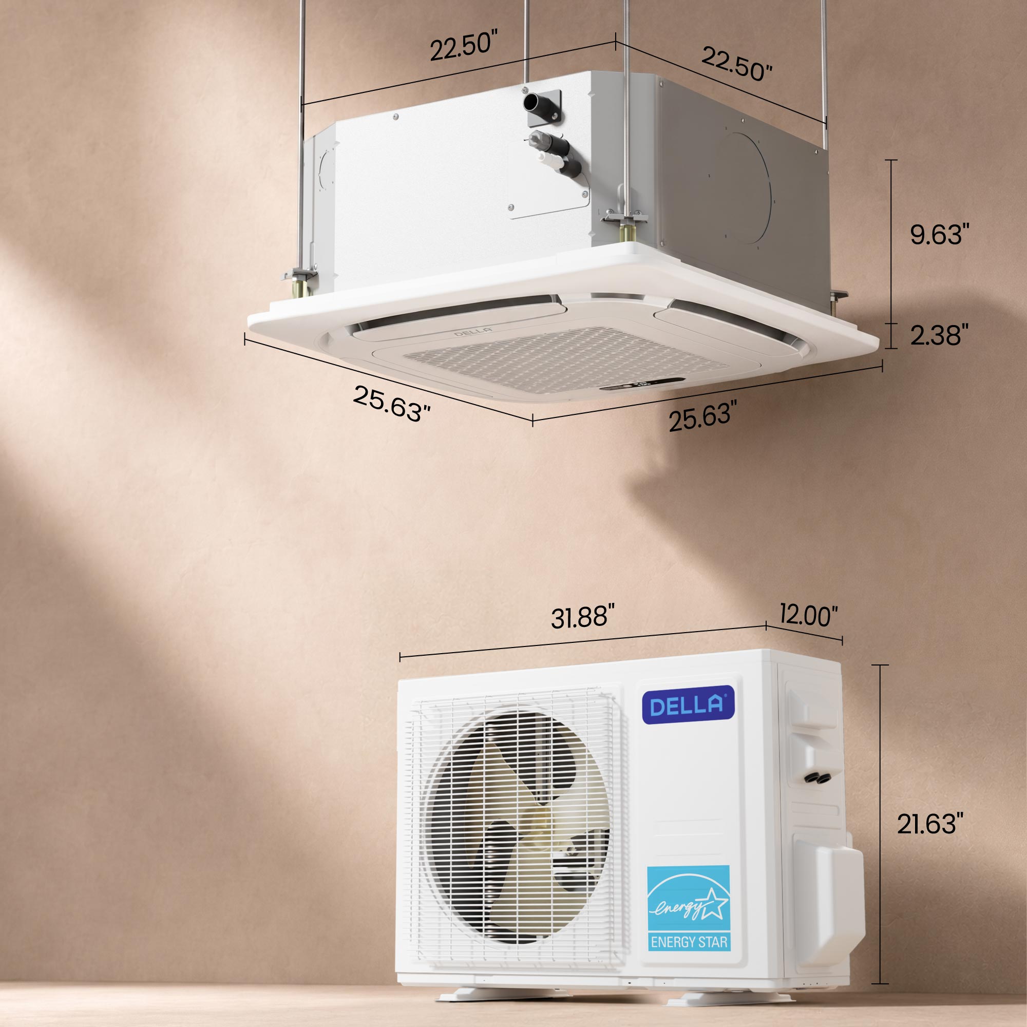 DELLA 9,500 BTU 23 SEER2 Ceiling Cassette Ductless Mini Split AC - Up to 400 Sq.Ft.