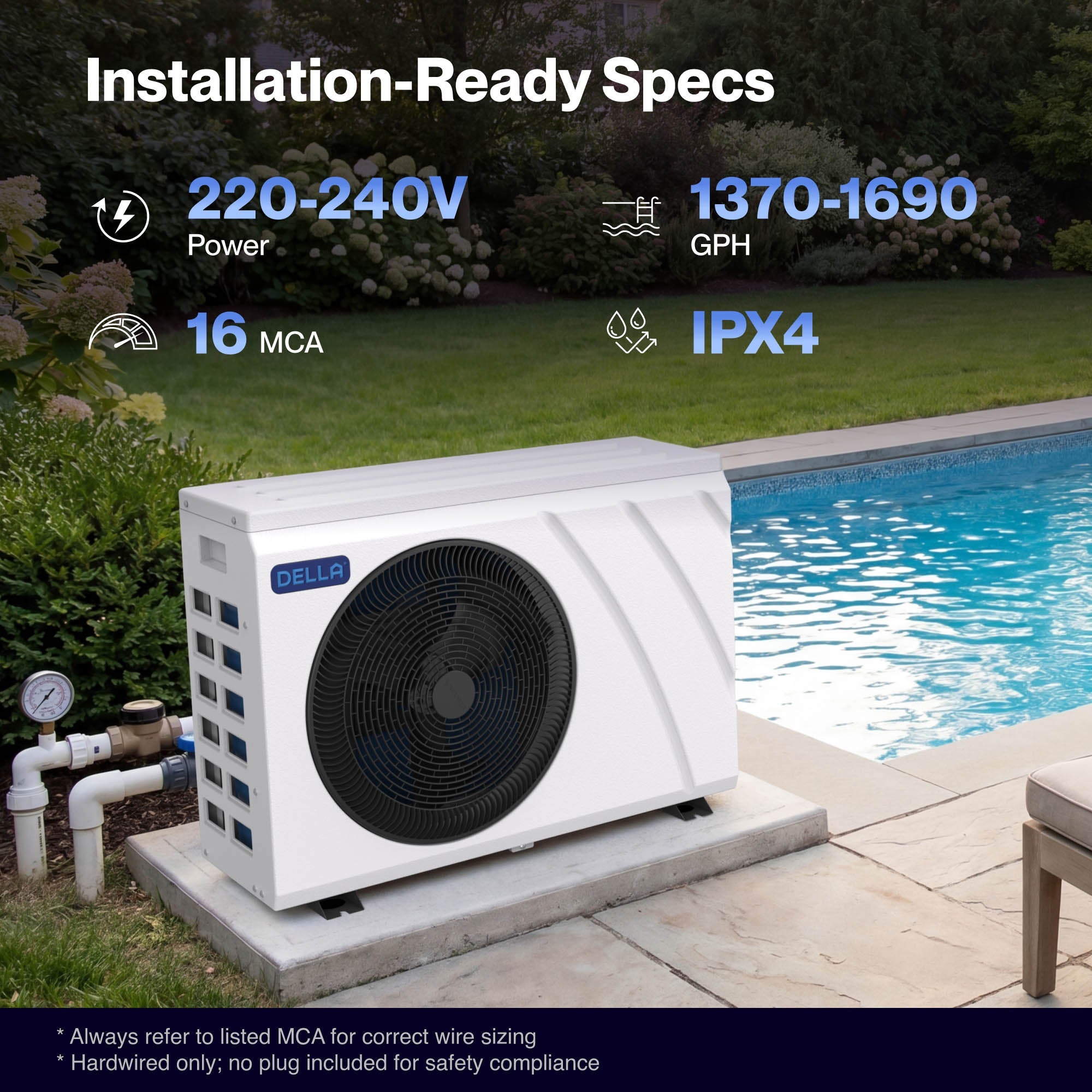 DELLA Omi Edge Series 48,500 BTU Inverter Pool Heat Pump for Pools up to 15,000 Gallons