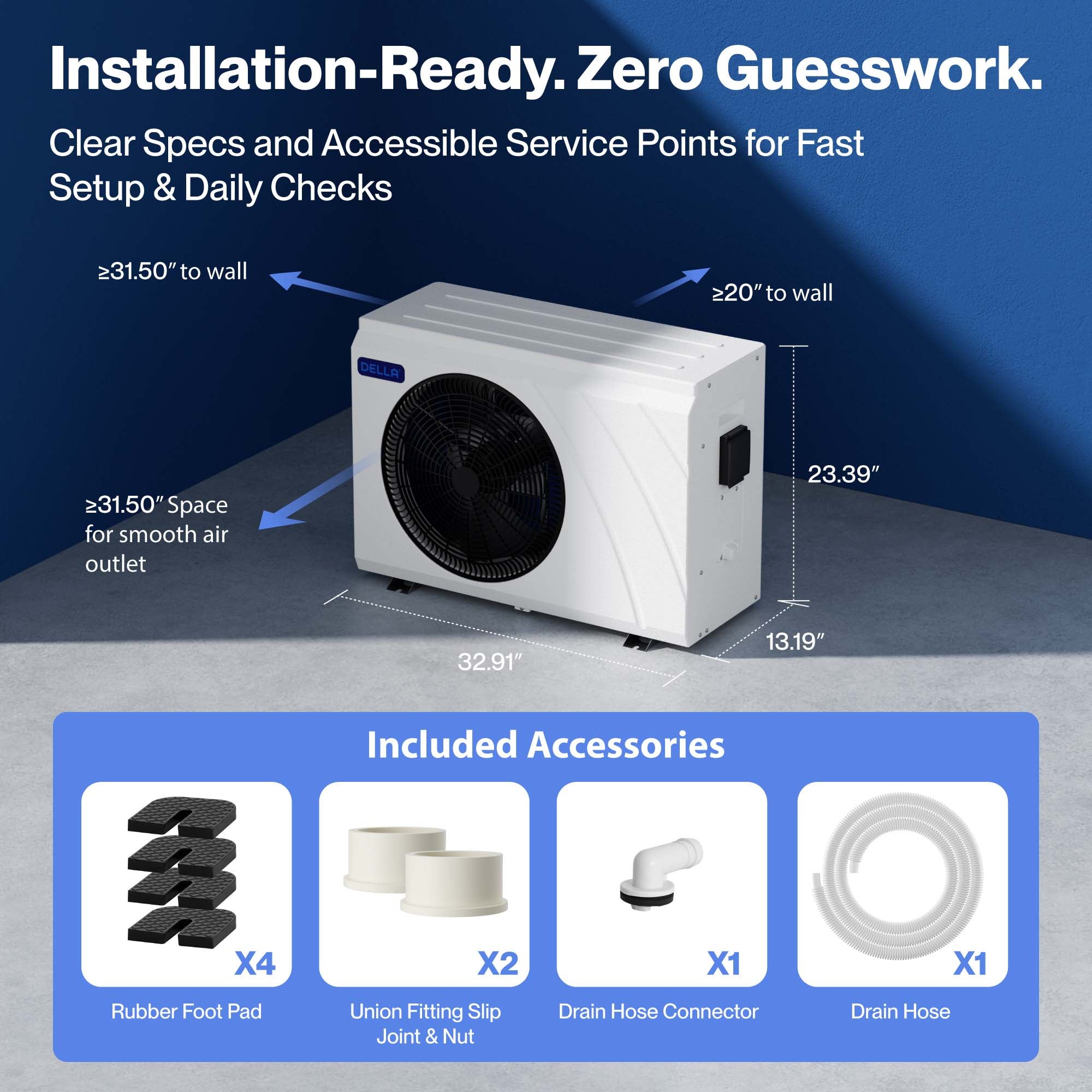 DELLA Omi Edge Series 38,500 BTU Inverter Pool Heat Pump for Pools up to 13,000 Gallons