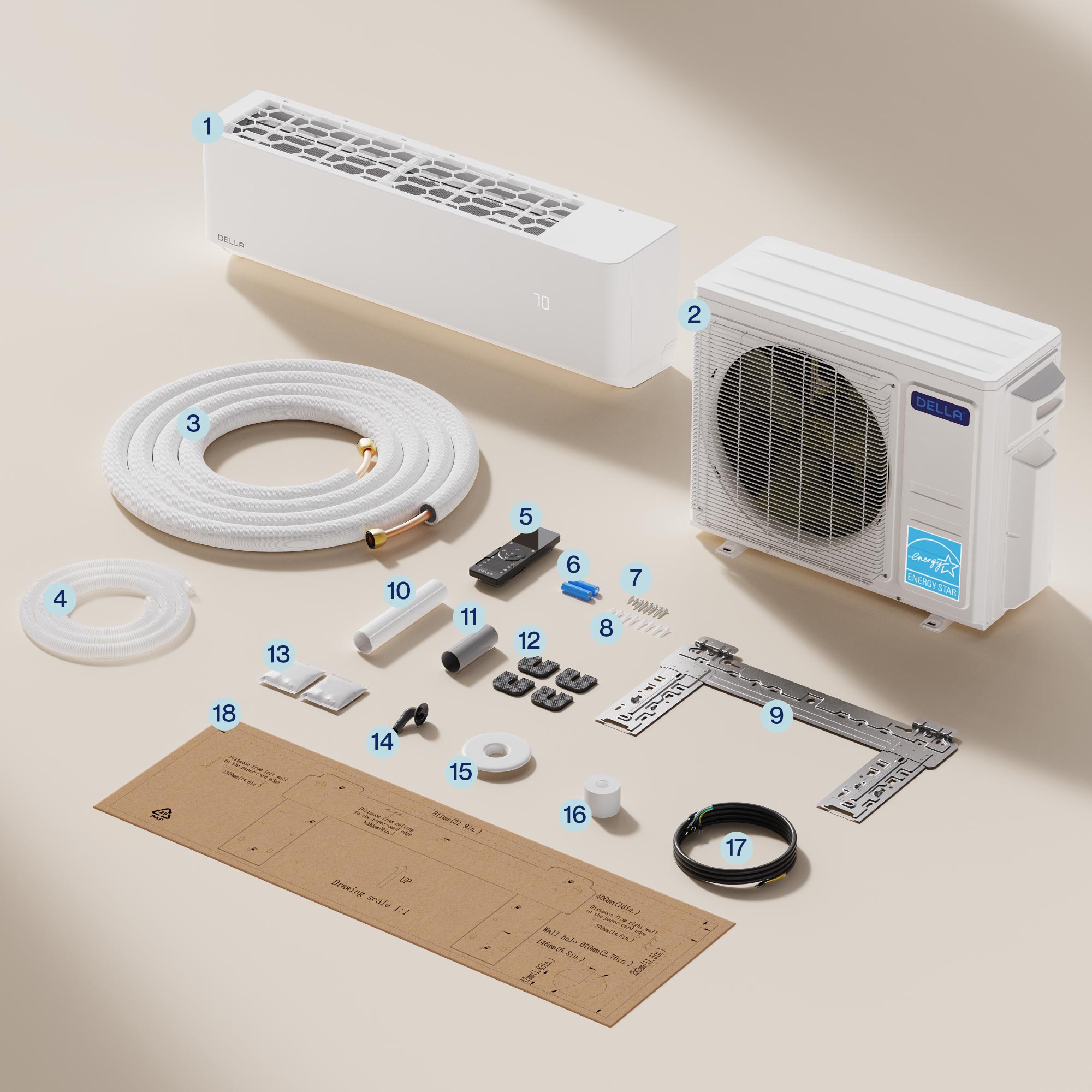 DELLA Optima Series 18000 BTU Dual Zone Mini Split AC with R-454B (9K+12K) - Up to 950 Sq.Ft.