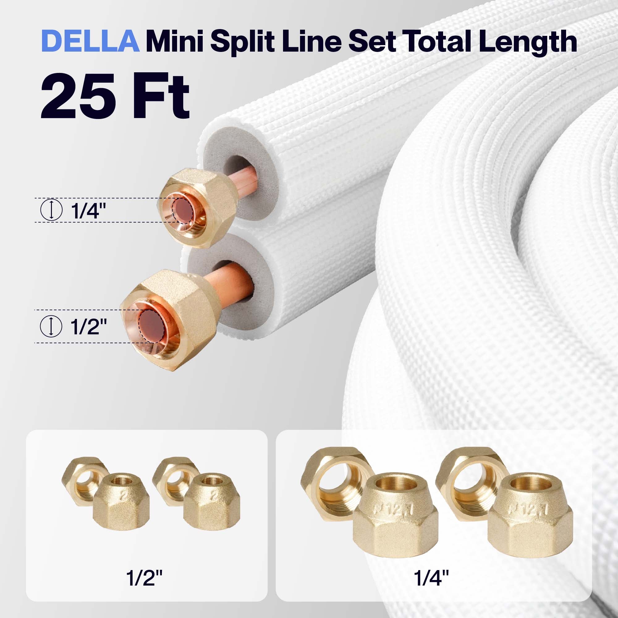 #Size_25FT Line Set 1/2" & 1/4"O.D. Copper Pipes Tubing