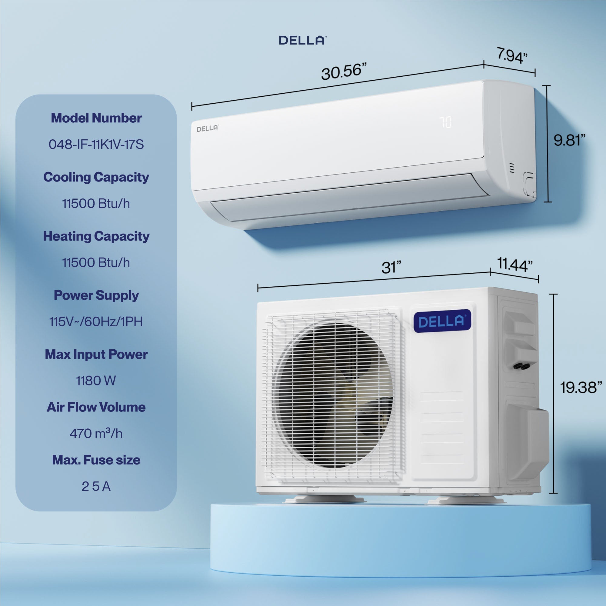 DELLA Econo Series 11500 BTU 17 SEER2 Mini-Split Heat Pump AC - Up to 400 Sq.Ft.
