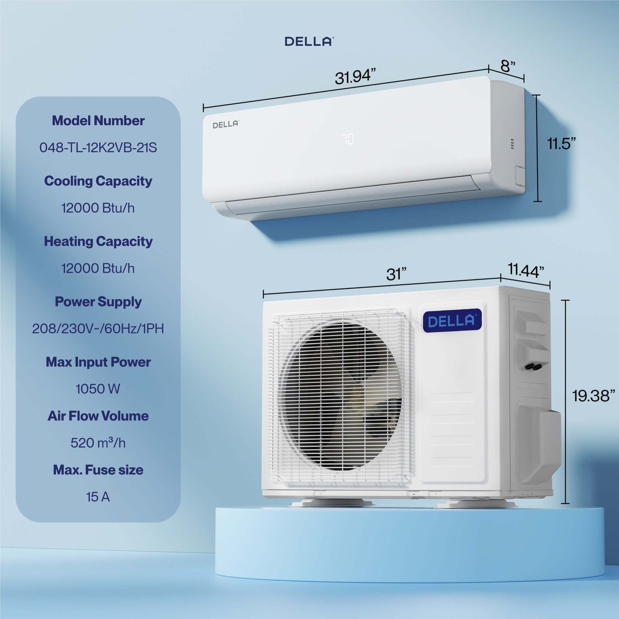 DELLA Vario Series 12000 BTU 23 SEER2 Mini-Split Heat Pump AC - Up to 550 Sq.Ft.