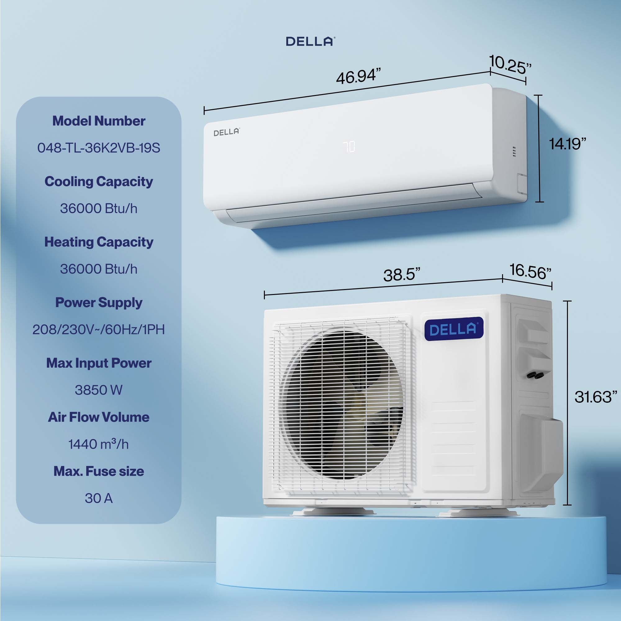 DELLA Vario Series 36000 BTU 19 SEER2 Mini-Split Heat Pump AC (R-454B) - Up to 2500 Sq.Ft.