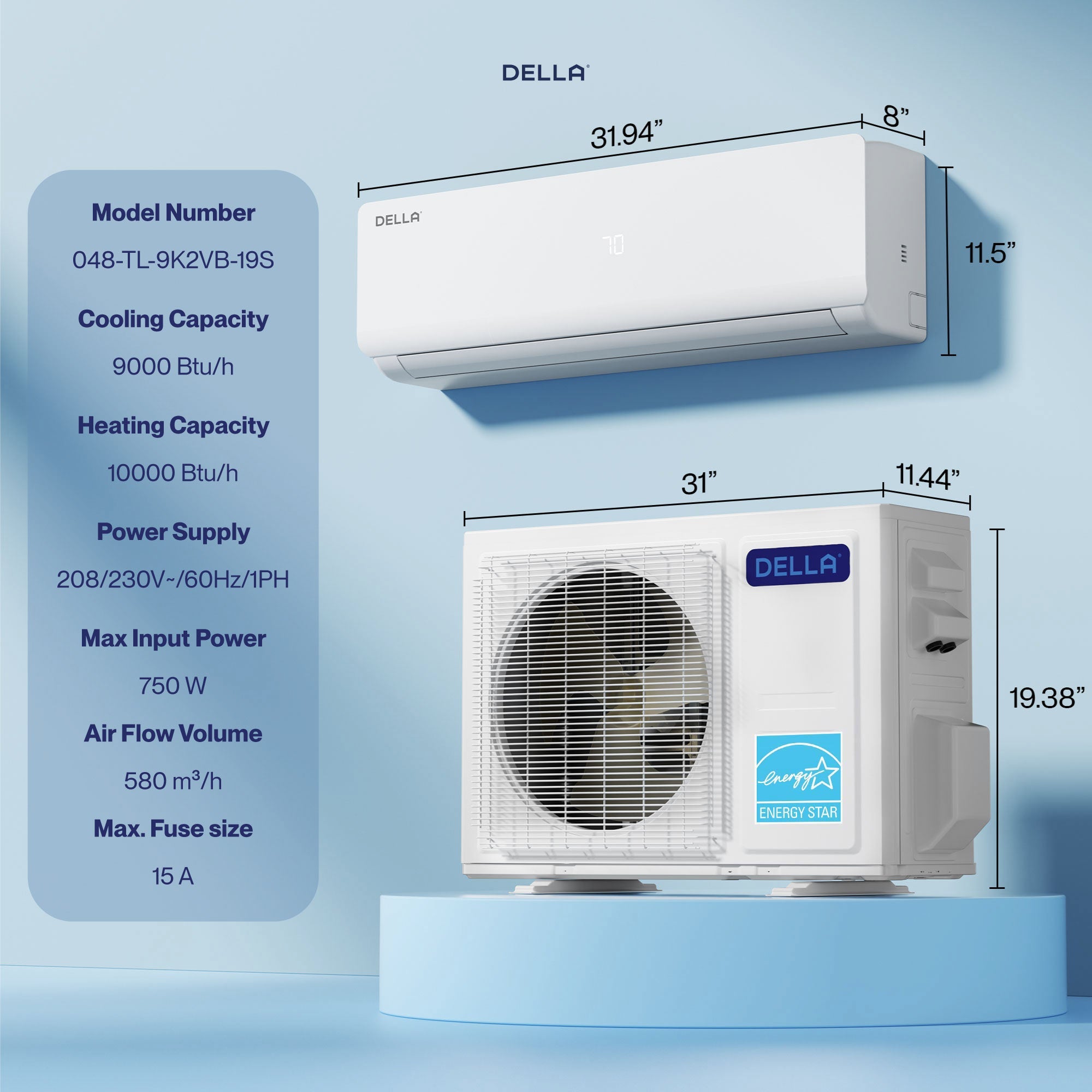 DELLA Vario Series 9000 BTU 20 SEER2 Mini-Split Heat Pump AC - Up to 400 Sq.Ft.