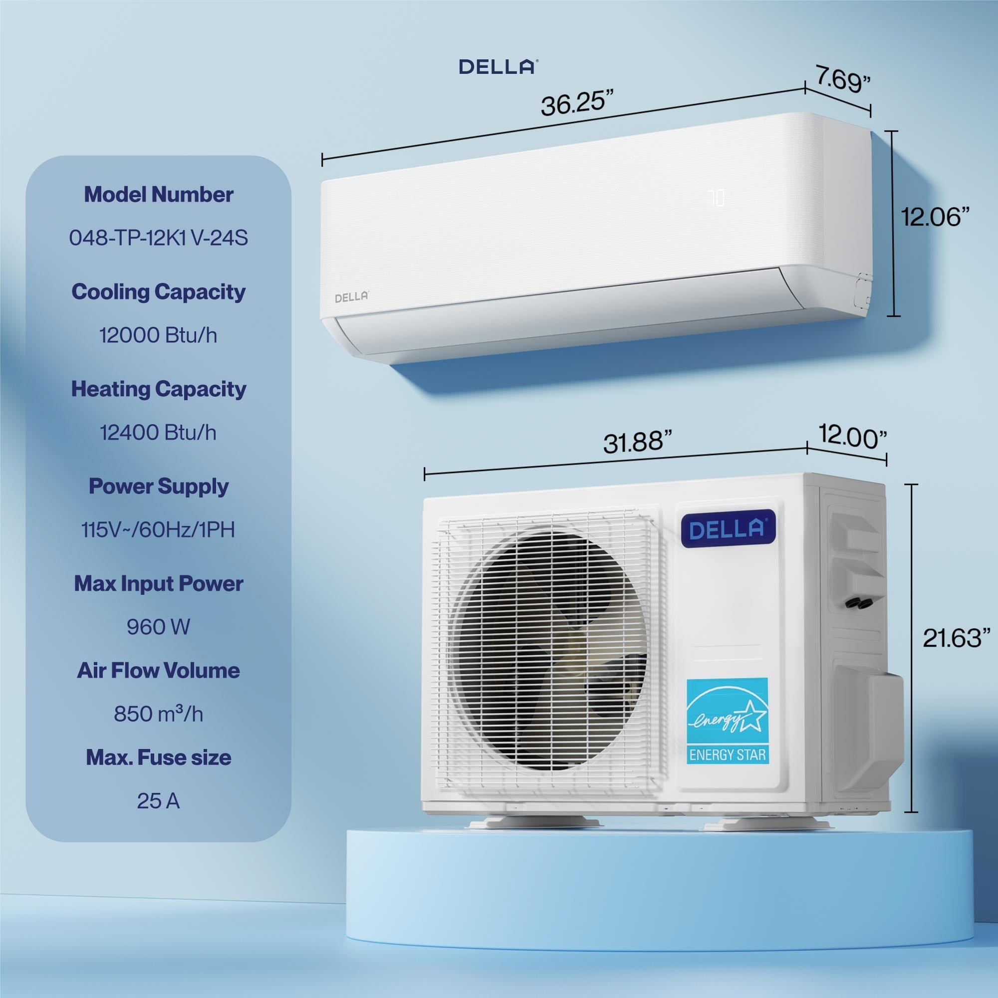 DELLA Optima Series 12000 BTU 23 SEER2 Ultra Heat Mini-Split AC  (R-454B)  - Up to 550 Sq.Ft.