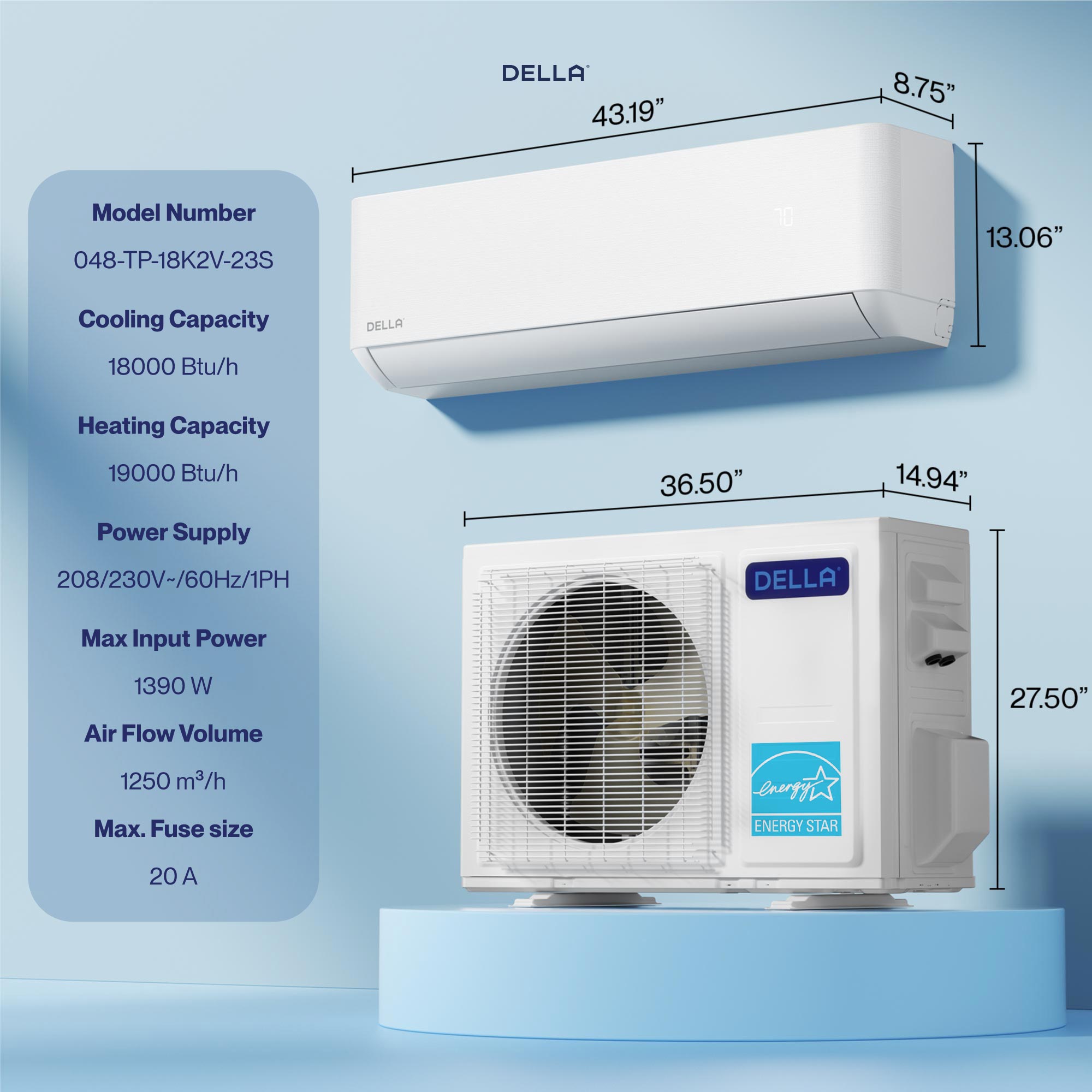 DELLA Optima Series 18000 BTU 23 SEER2 Ultra Heat Mini Split AC - Up to 1000 Sq.Ft.