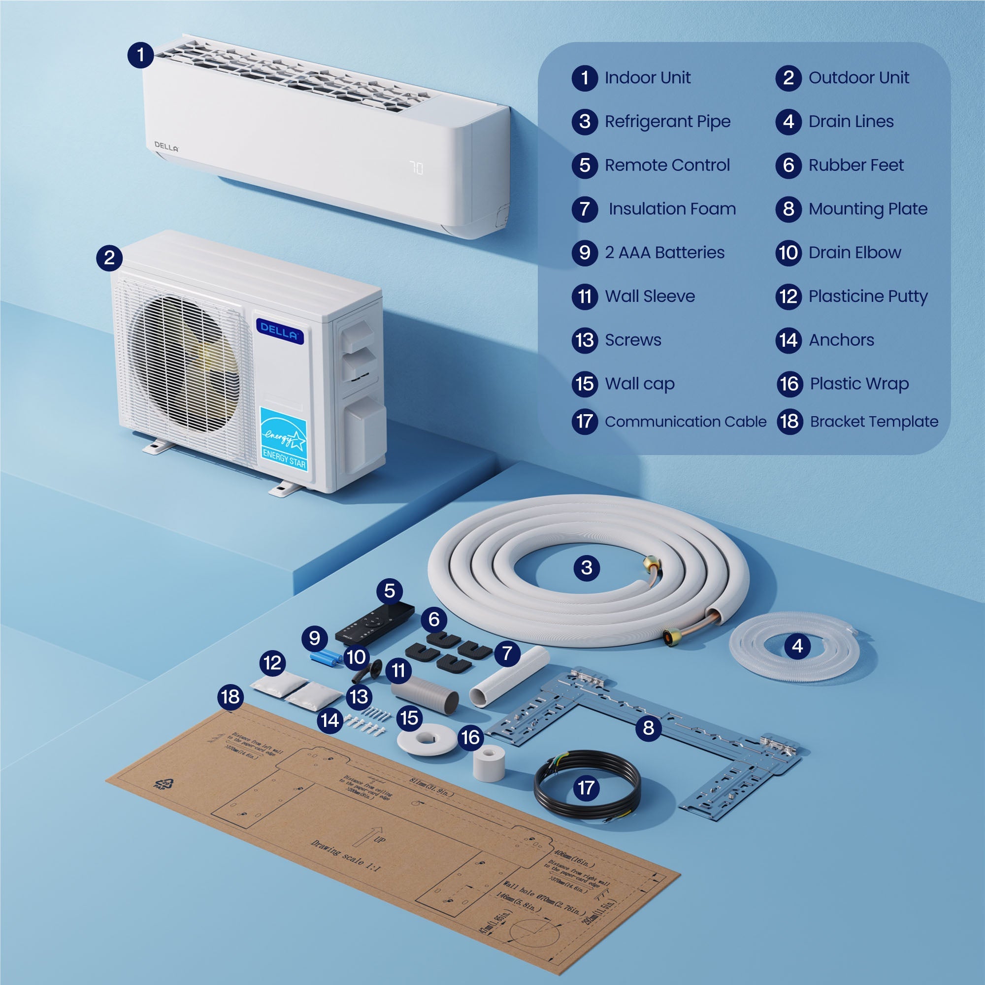 DELLA Optima Series 42000 BTU Dual Zone Mini Split AC with R-454B (18K+23K) - Up to 2500 Sq.Ft.