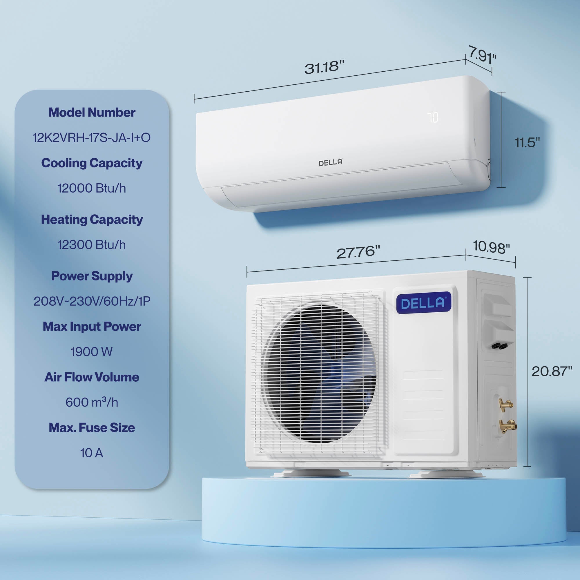 DELLA Motto Series 12000 BTU 17 SEER2 Mini-Split Heat Pump AC ¨C 230V, Up to 550 Sq.Ft.