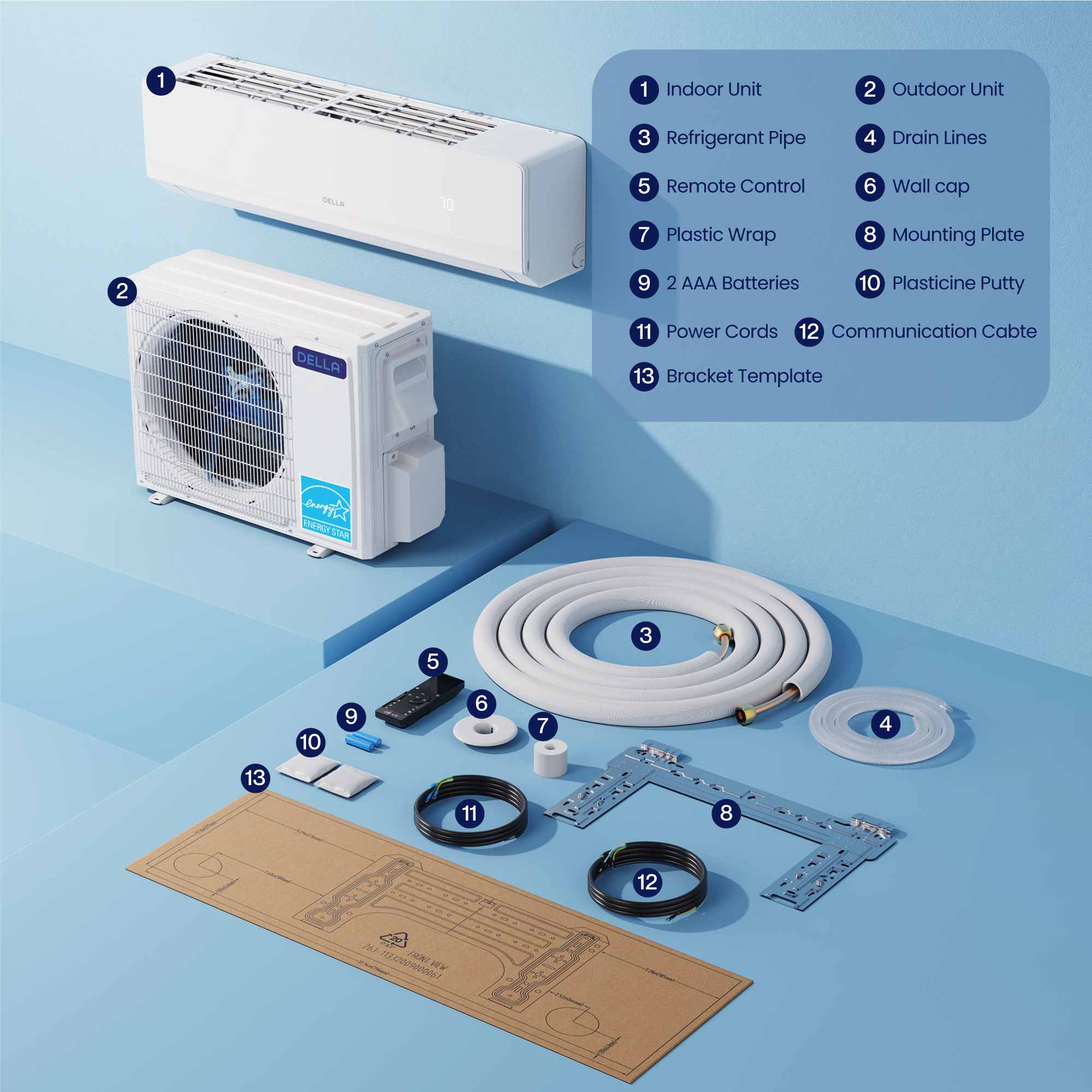 DELLA Serena Series 18000 BTU Dual Zone Mini Split AC (12K + 12K) - Up to 1100 Sq.Ft.