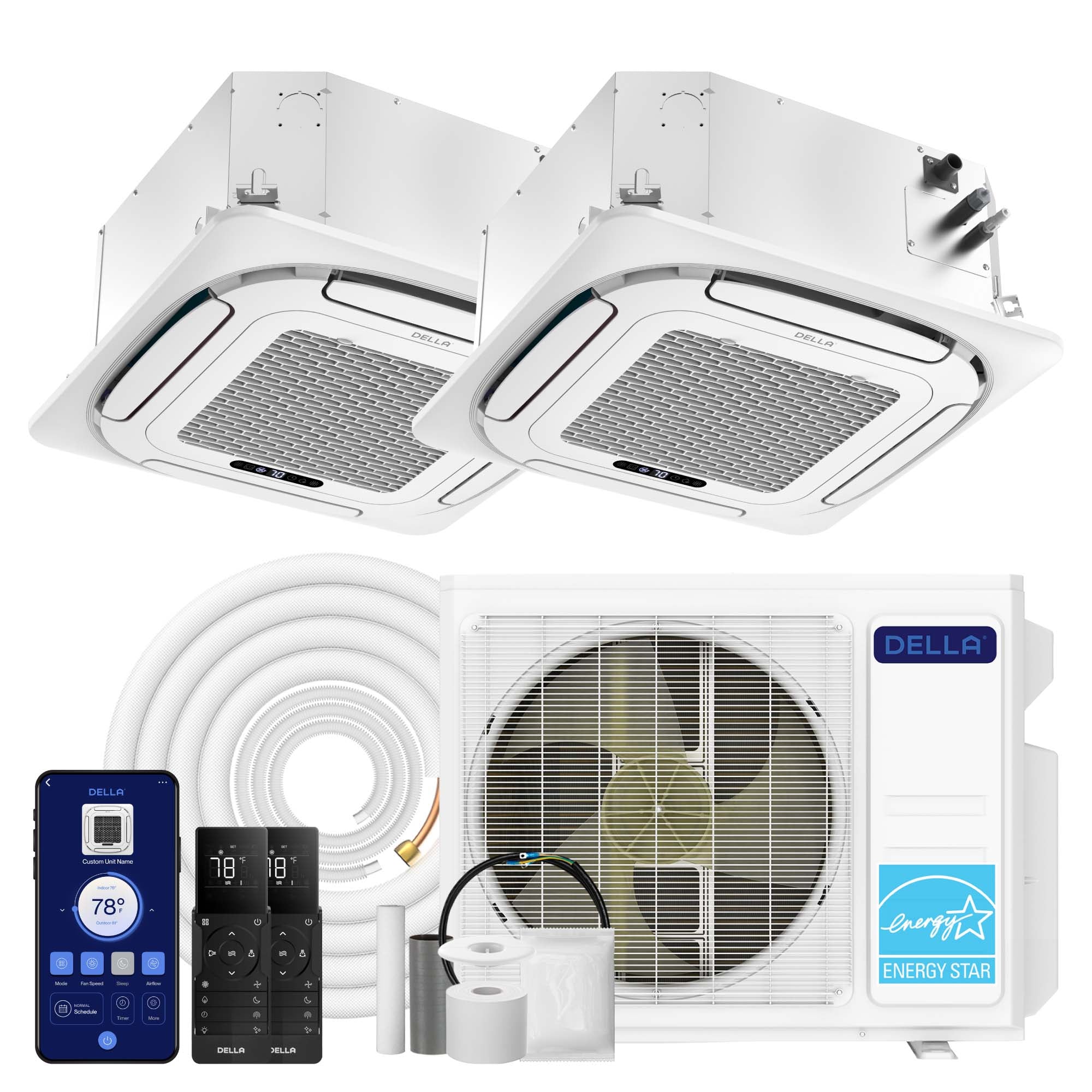 DELLA 18000 BTU Dual Zone Ceiling Cassette Mini Split AC (9K + 9K) - Up to 800 Sq.Ft.