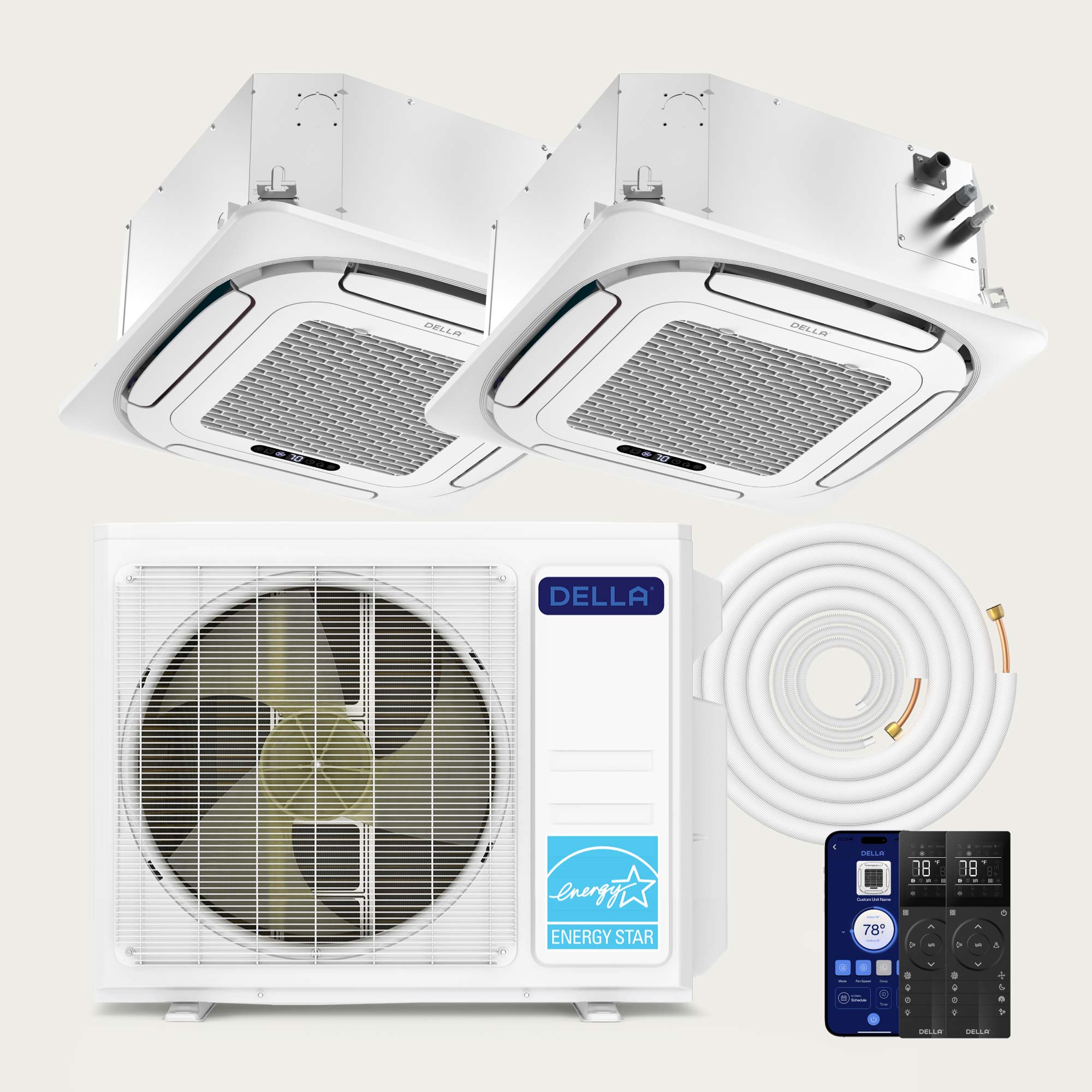 DELLA 18000 BTU Dual Zone Ceiling Cassette Mini Split AC (9K + 9K) - Up to 800 Sq.Ft.