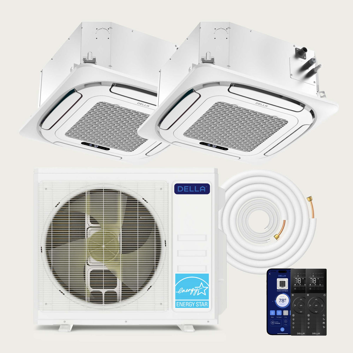 DELLA 27000 BTU Dual Zone Ceiling Cassette Mini Split AC (12K + 12K) - Up to 1100 Sq.Ft.
