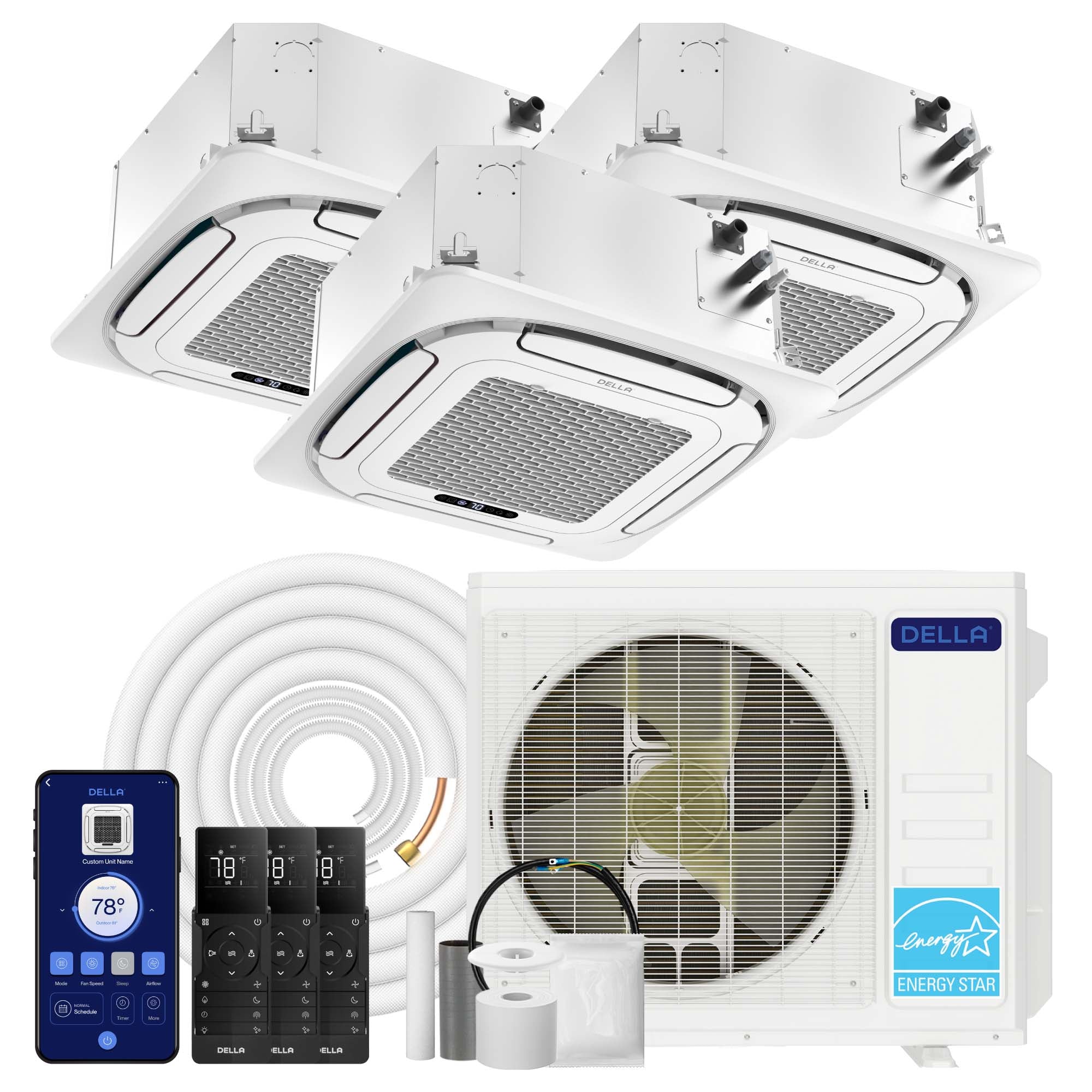 DELLA 27000 BTU Tri-Zone Ceiling Cassette Mini Split AC (9K+9K+18K) - Up to 1800 Sq.Ft.