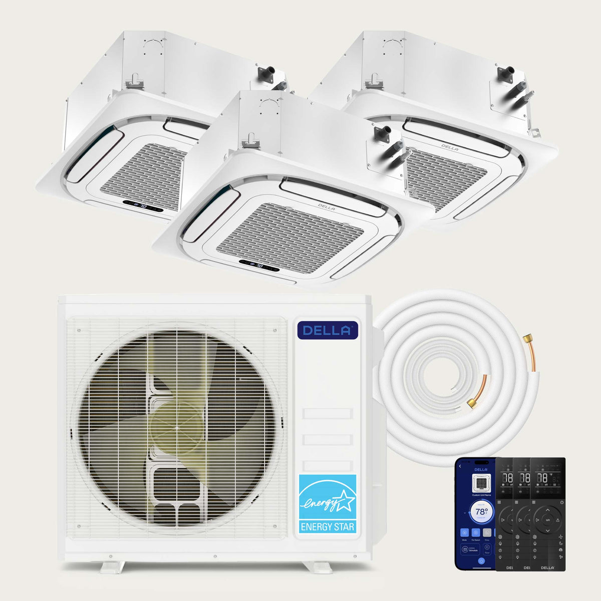 DELLA 27000 BTU Tri-Zone Ceiling Cassette Mini Split AC (9K+9K+18K) - Up to 1800 Sq.Ft.