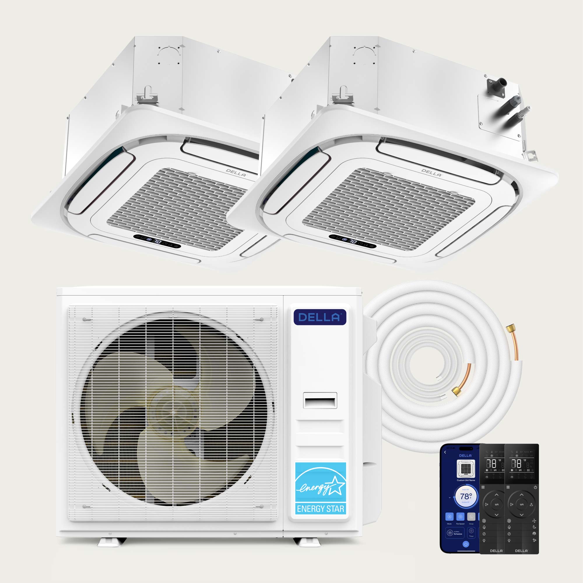 DELLA 35000 BTU Dual Zone Ceiling Cassette Mini Split AC (12K+23K) - Up to 2050 Sq.Ft.