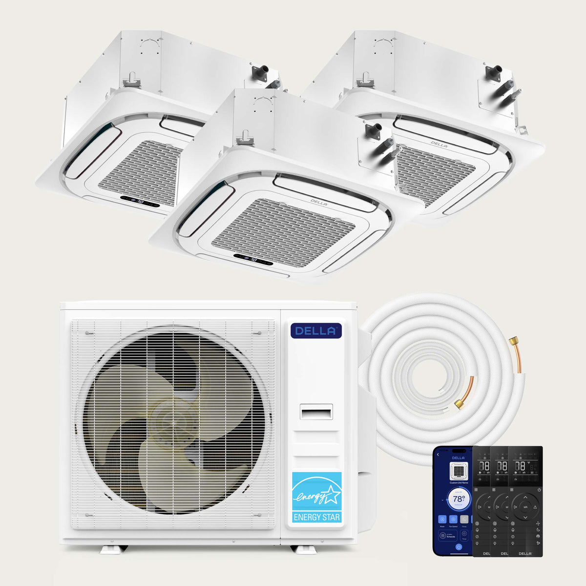 DELLA 35000 BTU Tri-Zone Ceiling Cassette Mini Split AC (9K+12K+18K) - Up to 1950 Sq.Ft.