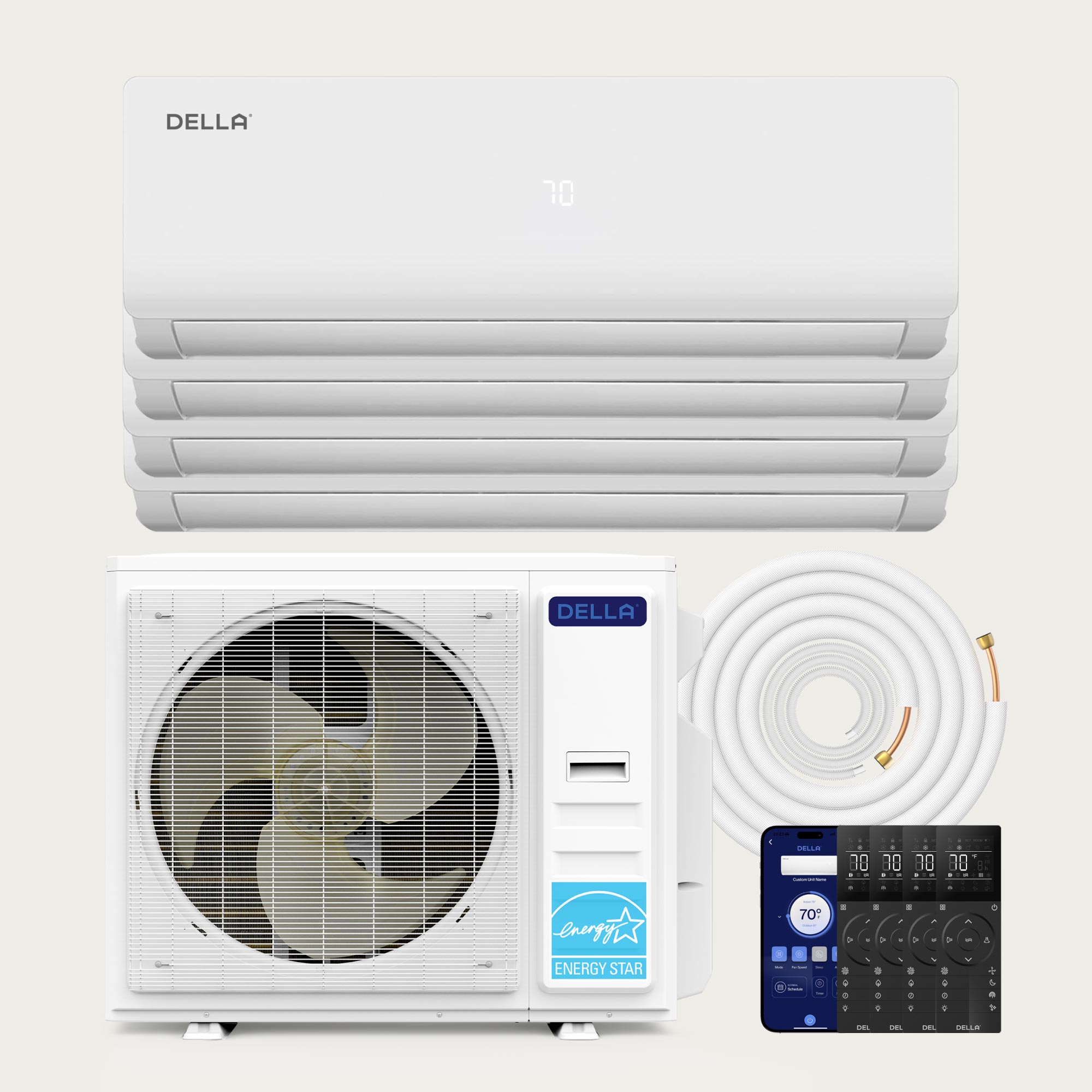 DELLA Vario Series 35000 BTU Quad-Zone Mini Split AC with R-454B (9K+9K+9K+9K) - Up to 1600 Sq.Ft.