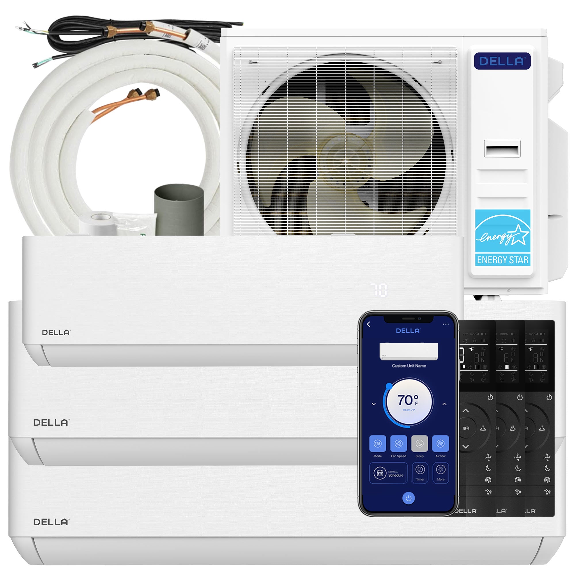 DELLA Optima Series 42000 BTU Tri-Zone Mini Split AC with R-454B (9K+18K+18k) - Up to 2400 Sq.Ft.