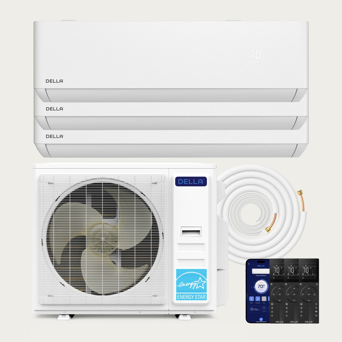 DELLA Optima Series 35000 BTU Tri-Zone Mini Split AC with R-454B (9K+9K+12k) - Up to 1350 Sq.Ft.