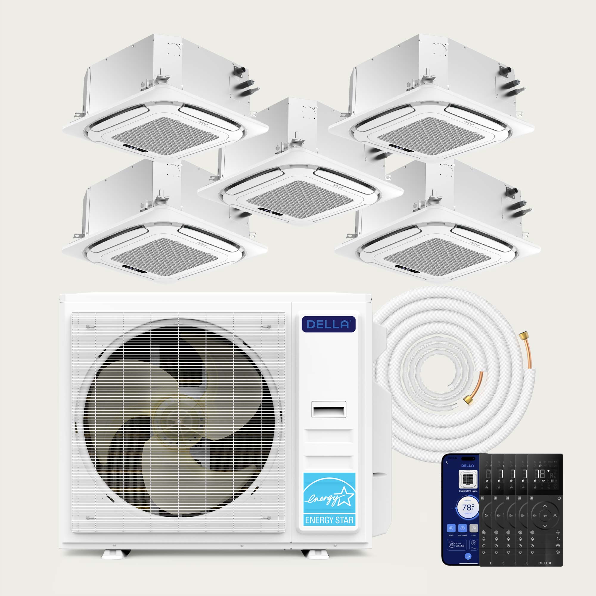 DELLA 42000 BTU Five Zone Ceiling Cassette Mini Split AC (9K+9K+9K+9K+9K) - Up to 2000 Sq.Ft.