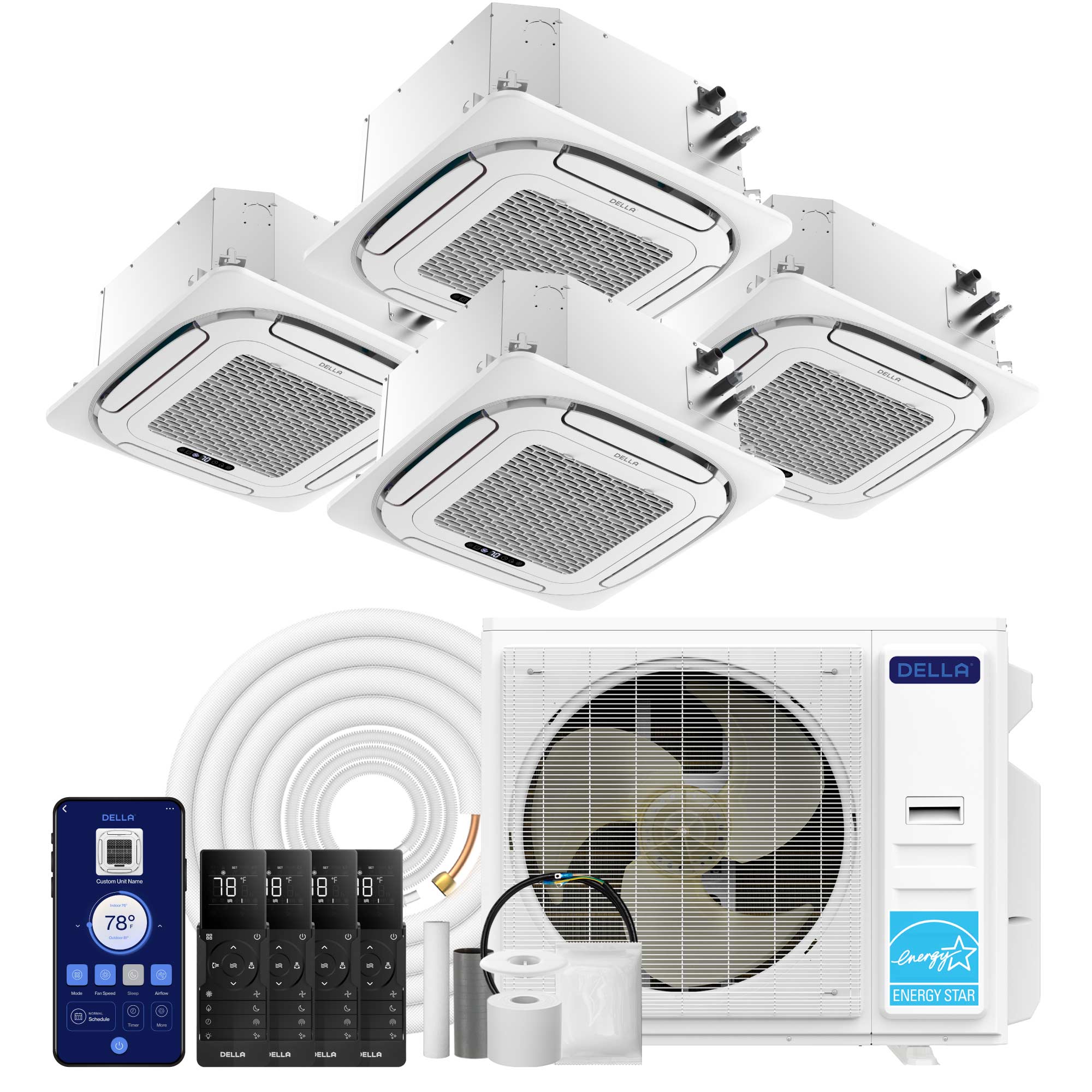 DELLA 42000 BTU Quad-Zone Ceiling Cassette Mini Split AC (9K+9K+9K+18K) - Up to 2200 Sq.Ft.