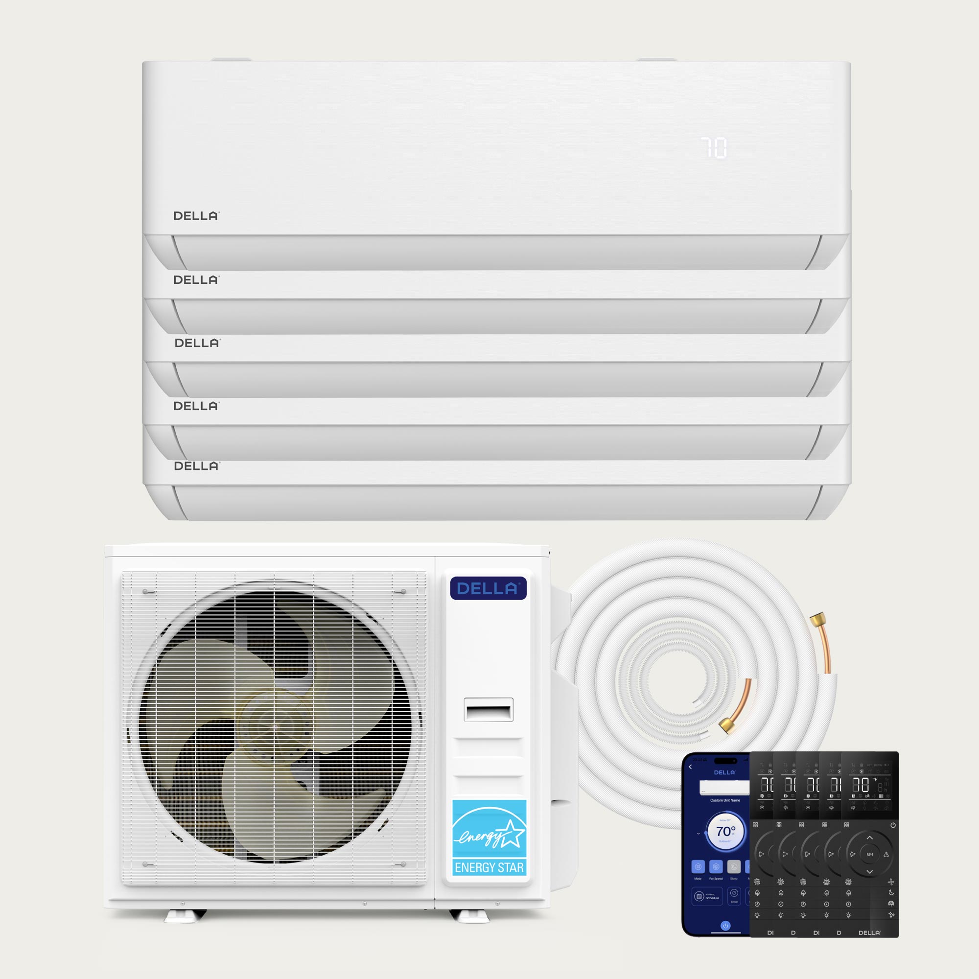 DELLA Optima Series 42000 BTU Five Zone Mini Split AC with R-454B (9K+9K+9k+9K+12k) - Up to 2150 Sq.Ft.