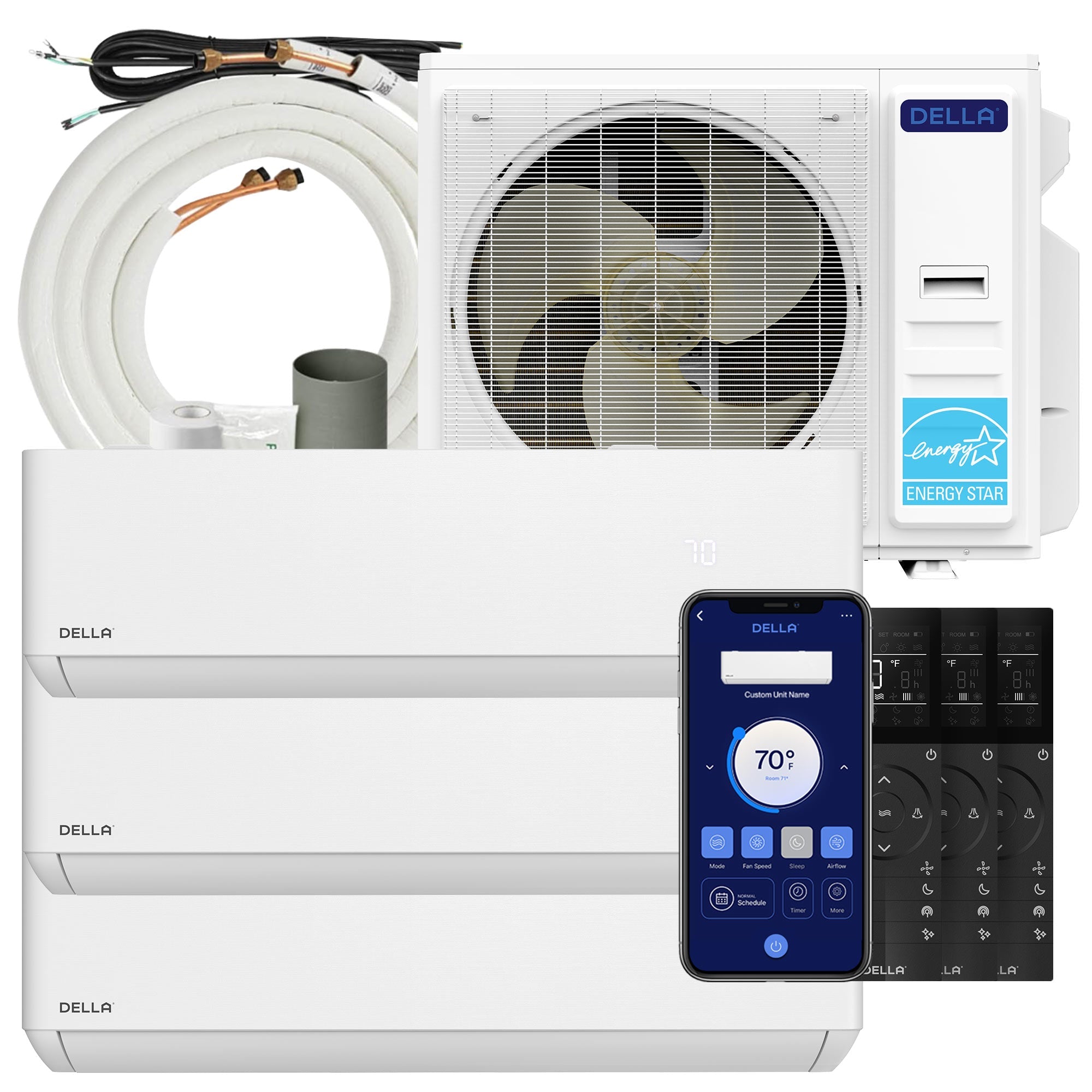 DELLA Optima Series 42000 BTU Tri-Zone Mini Split AC with R-454B (18K+18K+18k) - Up to 3000 Sq.Ft.