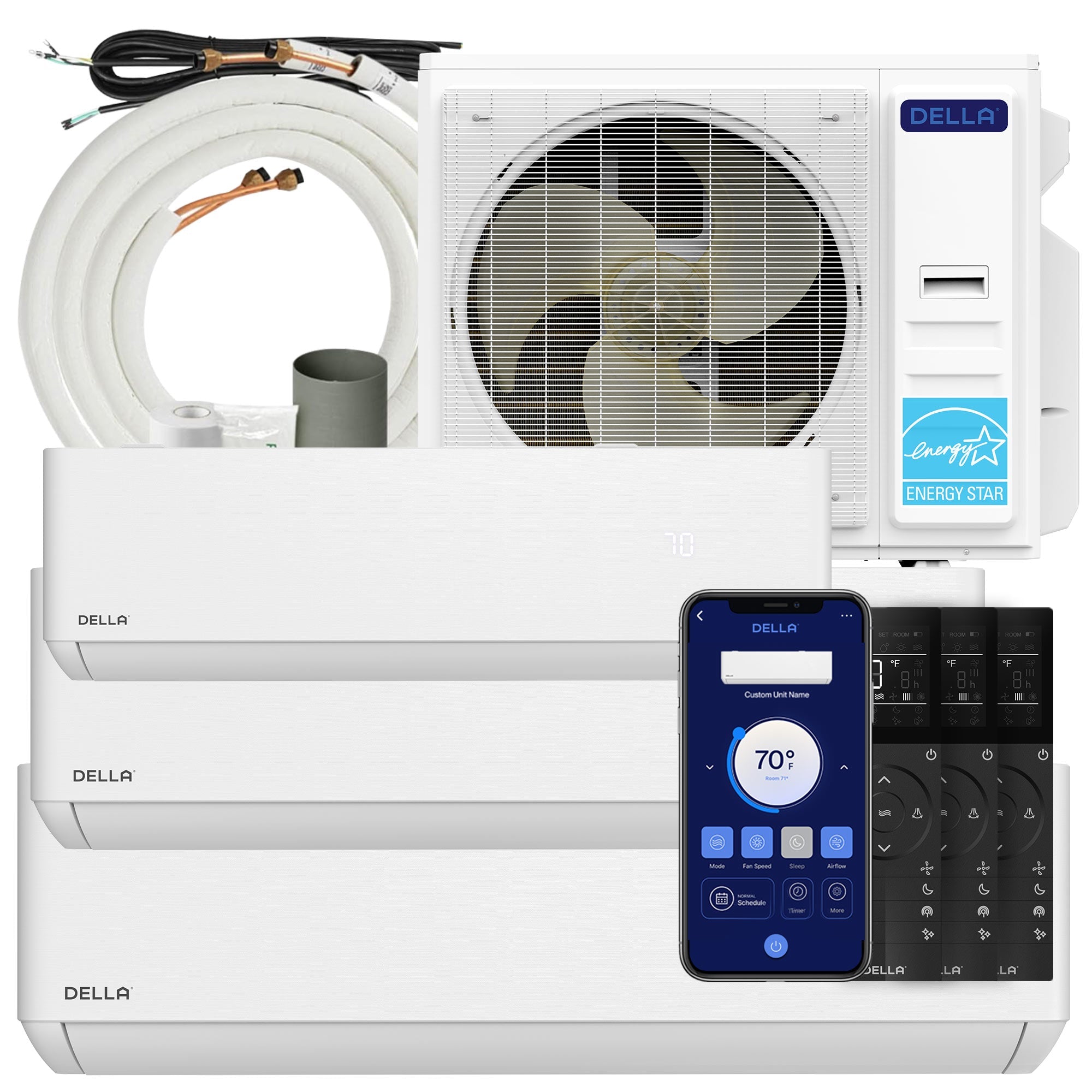 DELLA Optima Series 42000 BTU Tri-Zone Mini Split AC with R-454B (9K+18K+23k) - Up to 2900 Sq.Ft.
