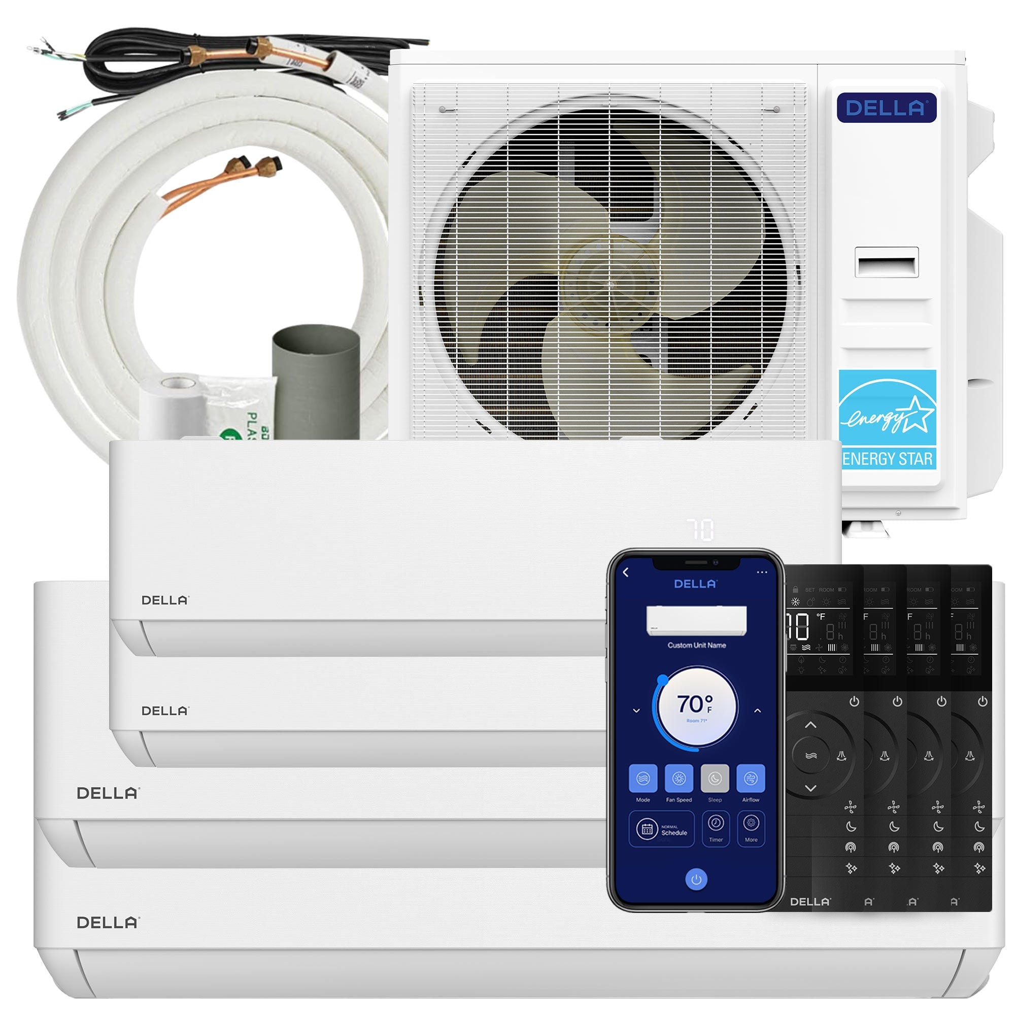 DELLA Optima Series 42000 BTU Quad Zone Mini Split AC with R-454B (9K+9K+18k+18k) - Up to 2800 Sq.Ft.