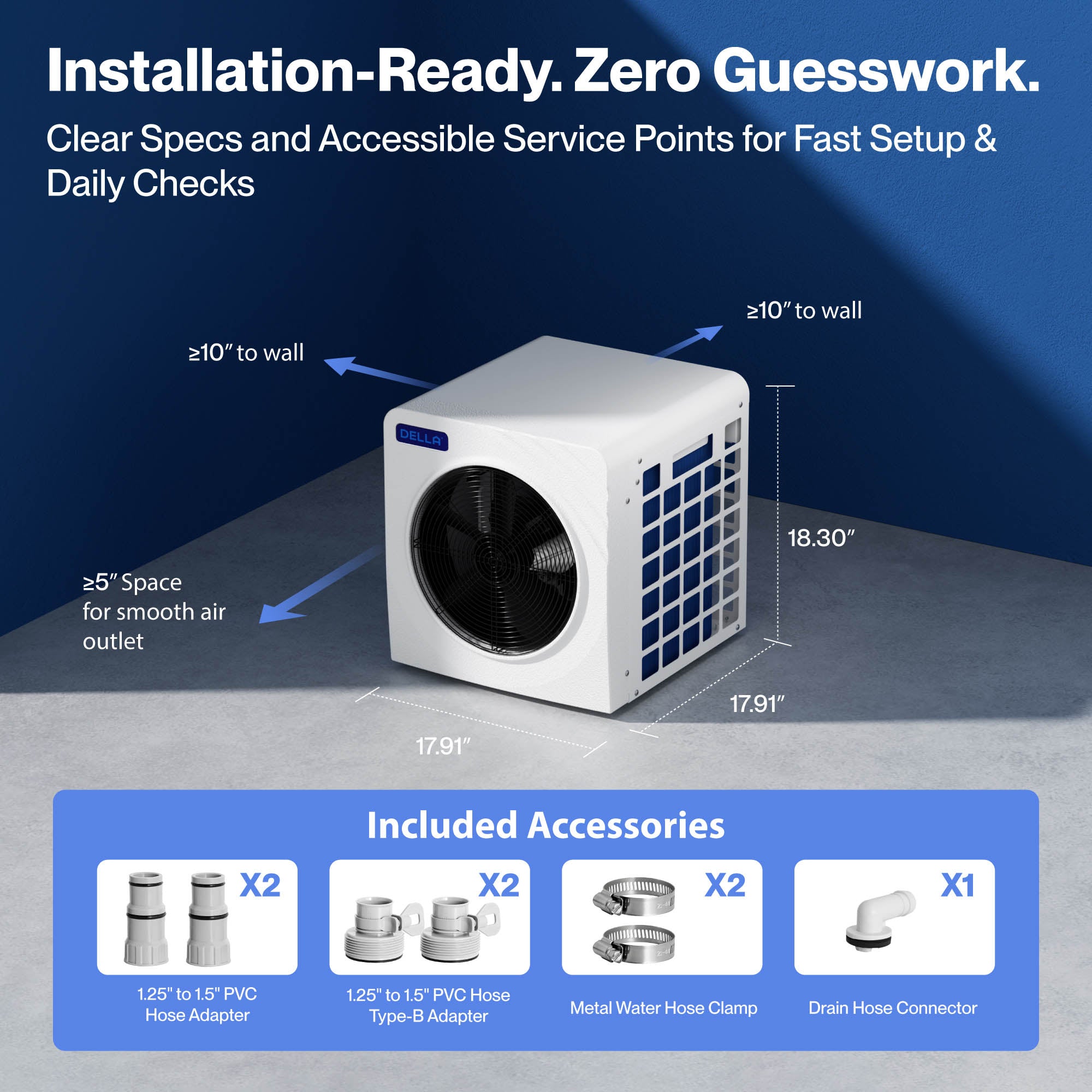 DELLA Omi Spark Series 21,000 BTU Mini Inverter Pool Heat Pump for Pools up to 7,000 Gallons
