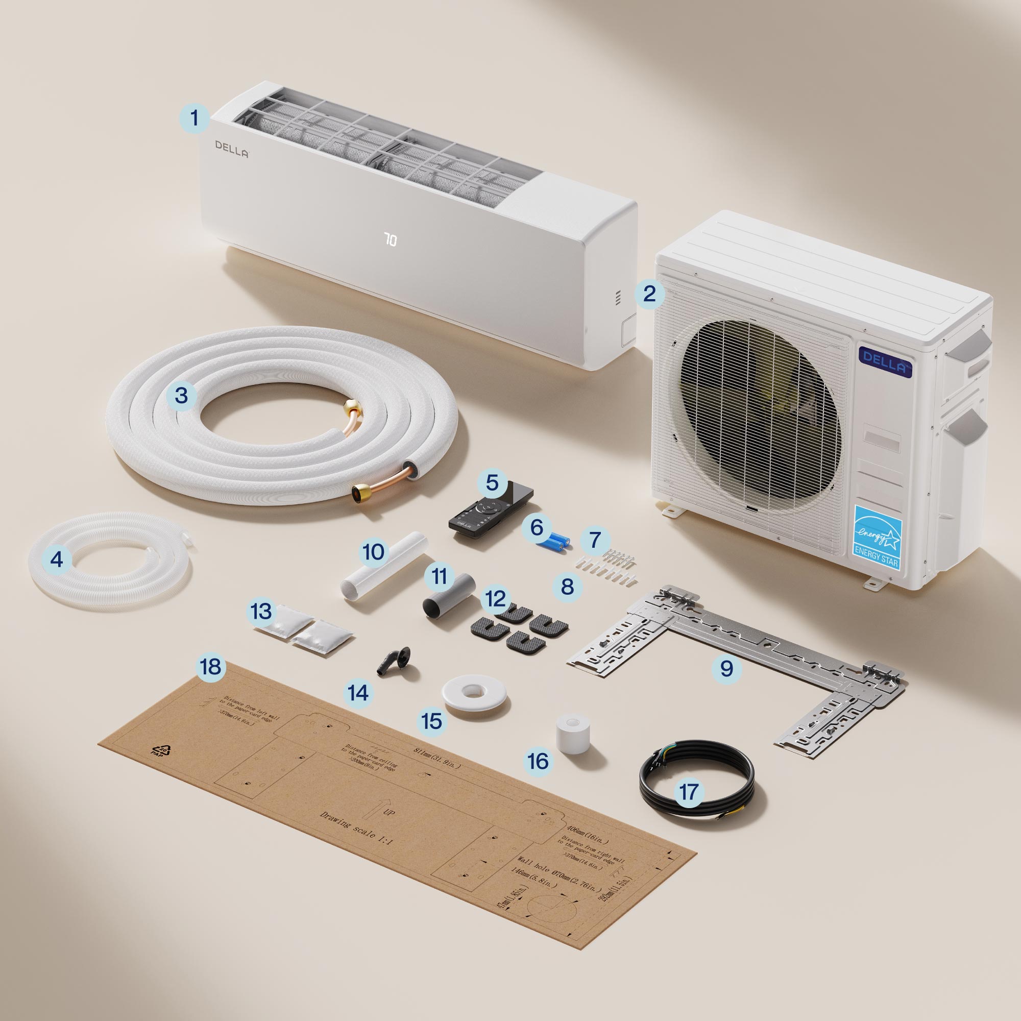 DELLA Vario Series 45000 BTU Five Zone Mini Split AC with R-454B (9K+12K+12k+12K+12k) - Up to 2600 Sq.Ft.